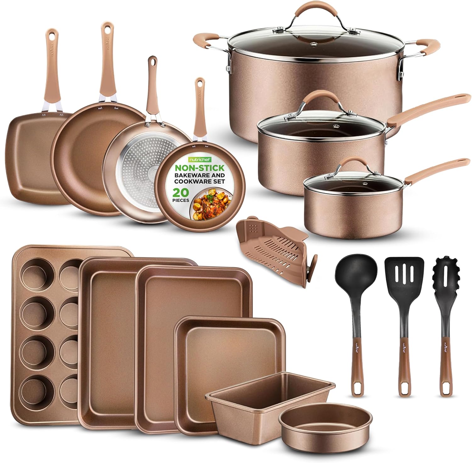 20-Piece Nonstick Kitchen Cookware Set PFOA/PFOS-Free Heat Resistant Lacquer Kitchen Ware Pots Baking Pan Set w/ Saucepan, Frying Pans, Cooking Pots, Oven Pot, Lids, Utensil NCCW20S