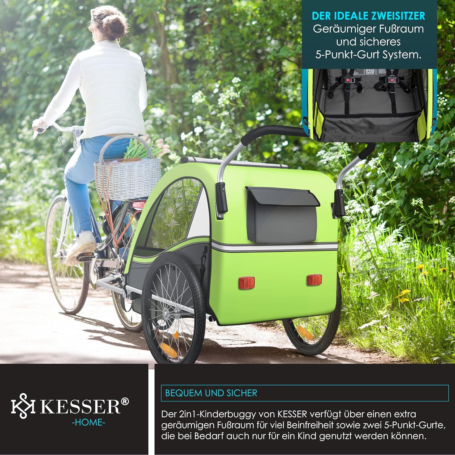 KESSER Kinderfahrradanhänger Sport-RX 2in1 Jogger & Buggy 5-Punkt-Gurt Sicherheitsgurt 360° Vorderrad Kinderfahrradanhänger Reflektoren für 1-2 Kinder (max. 40 kg) Getränkehalter & Smartphonefach