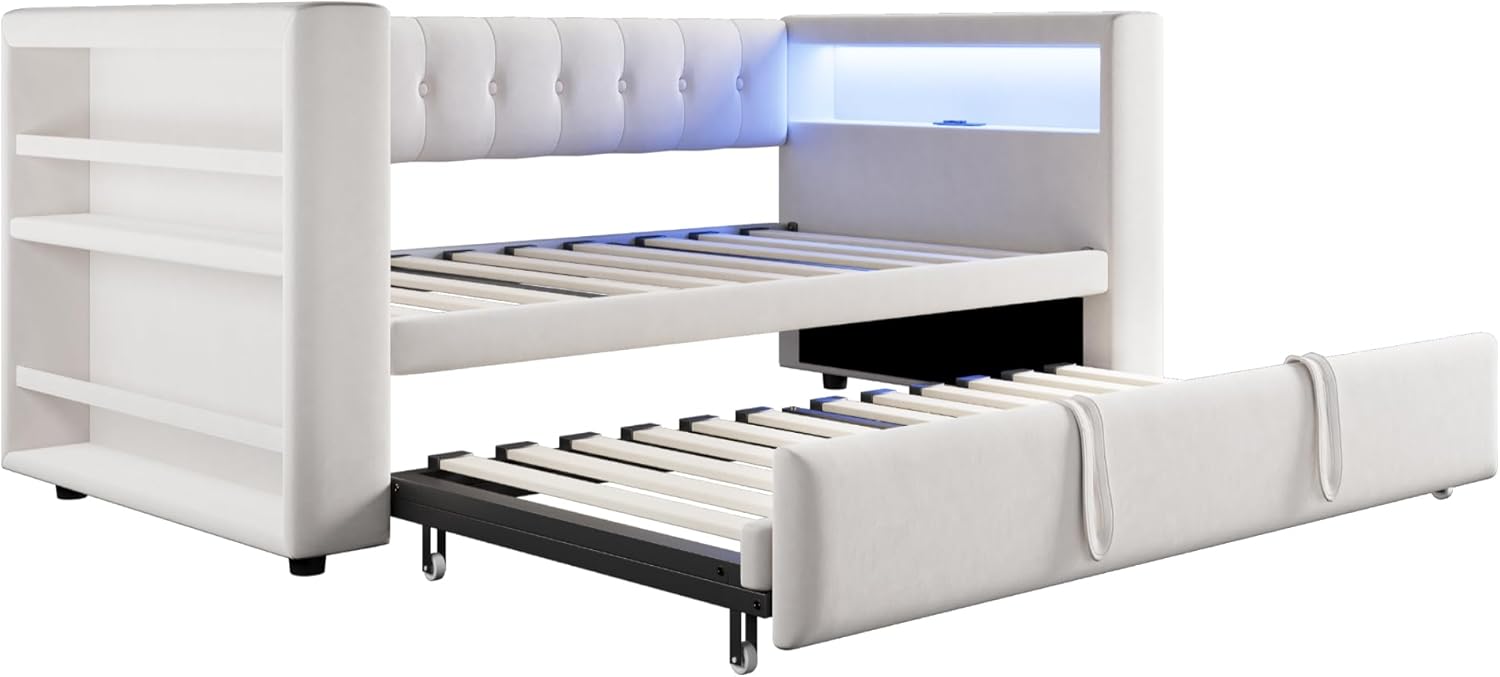 Cama tapizada 90/180 × 190 cm, con iluminación LED, enchufes y mucho espacio de almacenamiento; cama tapizada, cama individual, sofá cama multifuncional, color beige
