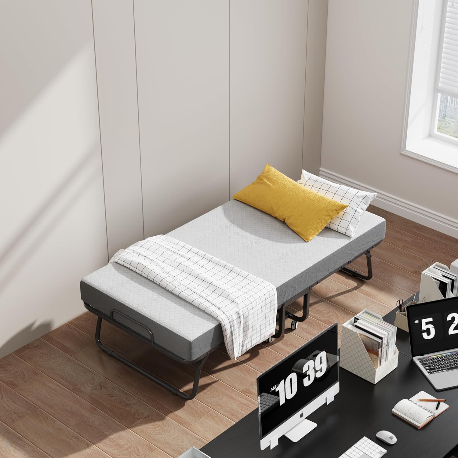 CAIYUN Cama Plegable de 100 x 190 cm, colchón de espuma viscoelástica de 13 cm aprox., cama de invitados, marco de metal, ruedas