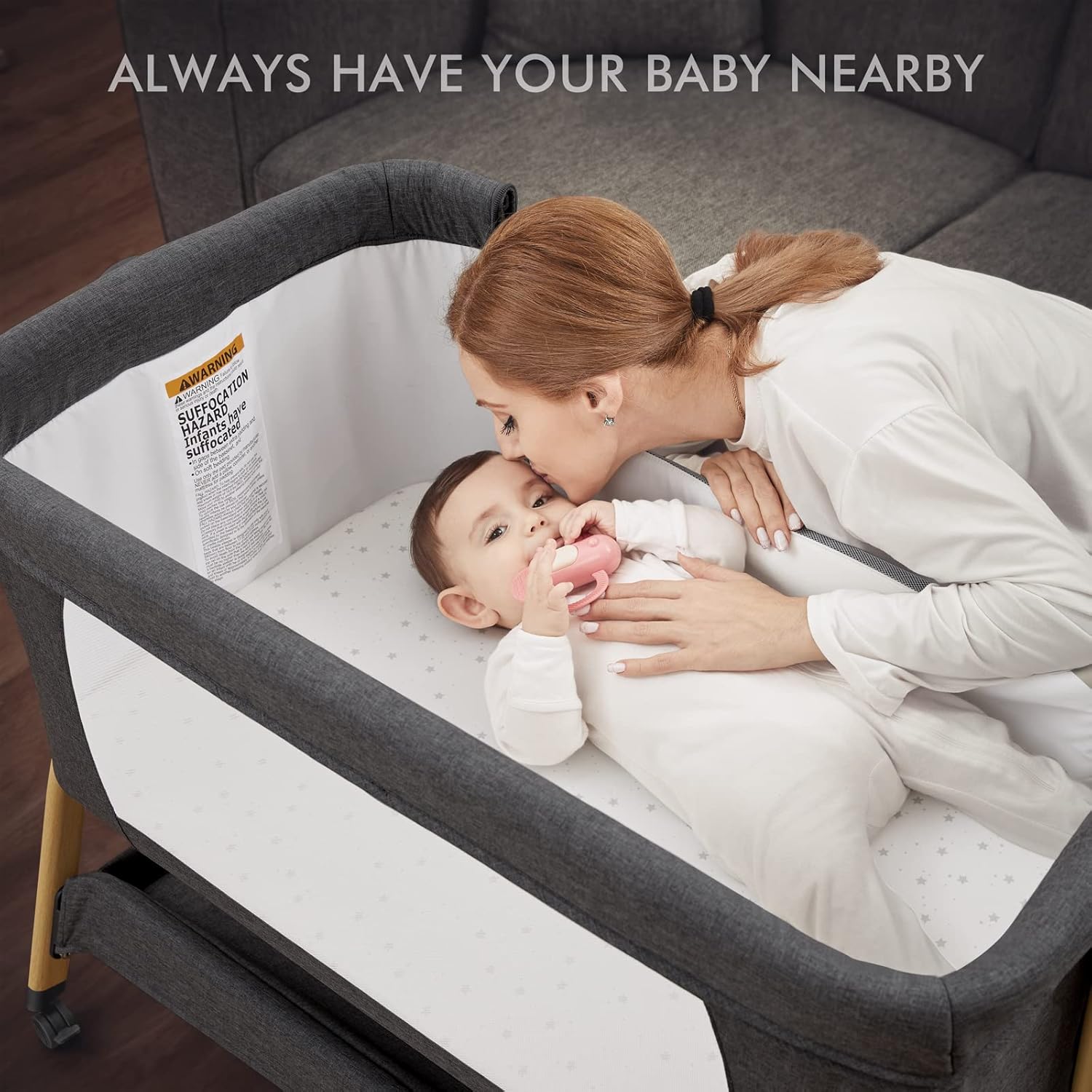 ANGELBLISS 3-in-1 Baby Bassinet, Adjustable Bedside Sleeper with Mattress & Wheels, Dark Grey