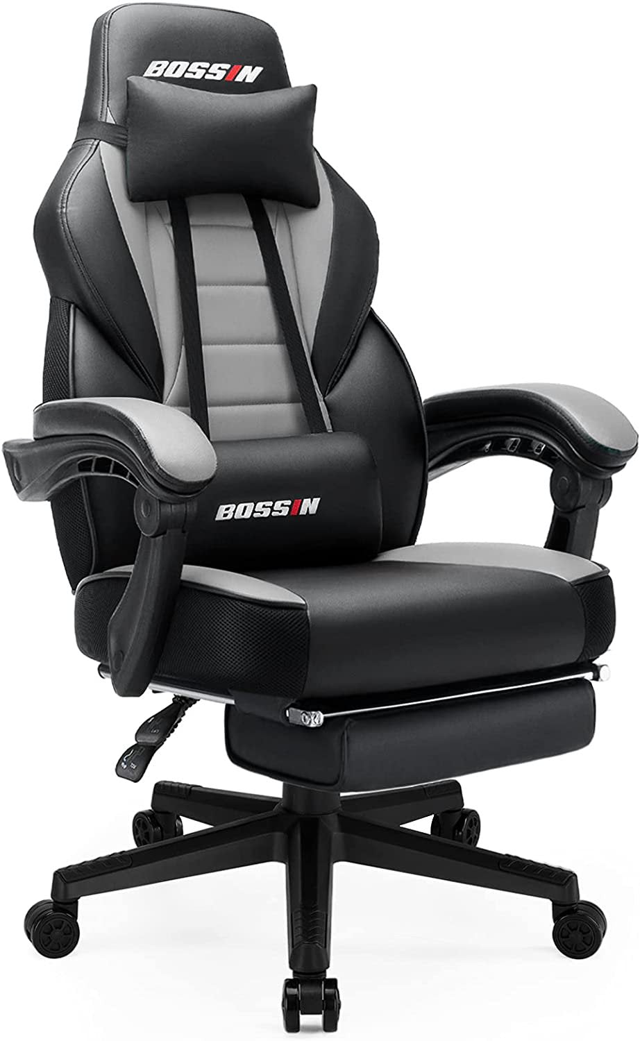 BOSSIN Ergonomic Gaming Chair with Footrest, Headrest & Lumbar Support, Reclines 90-155°, PU Leather, 300 lbs Capacity