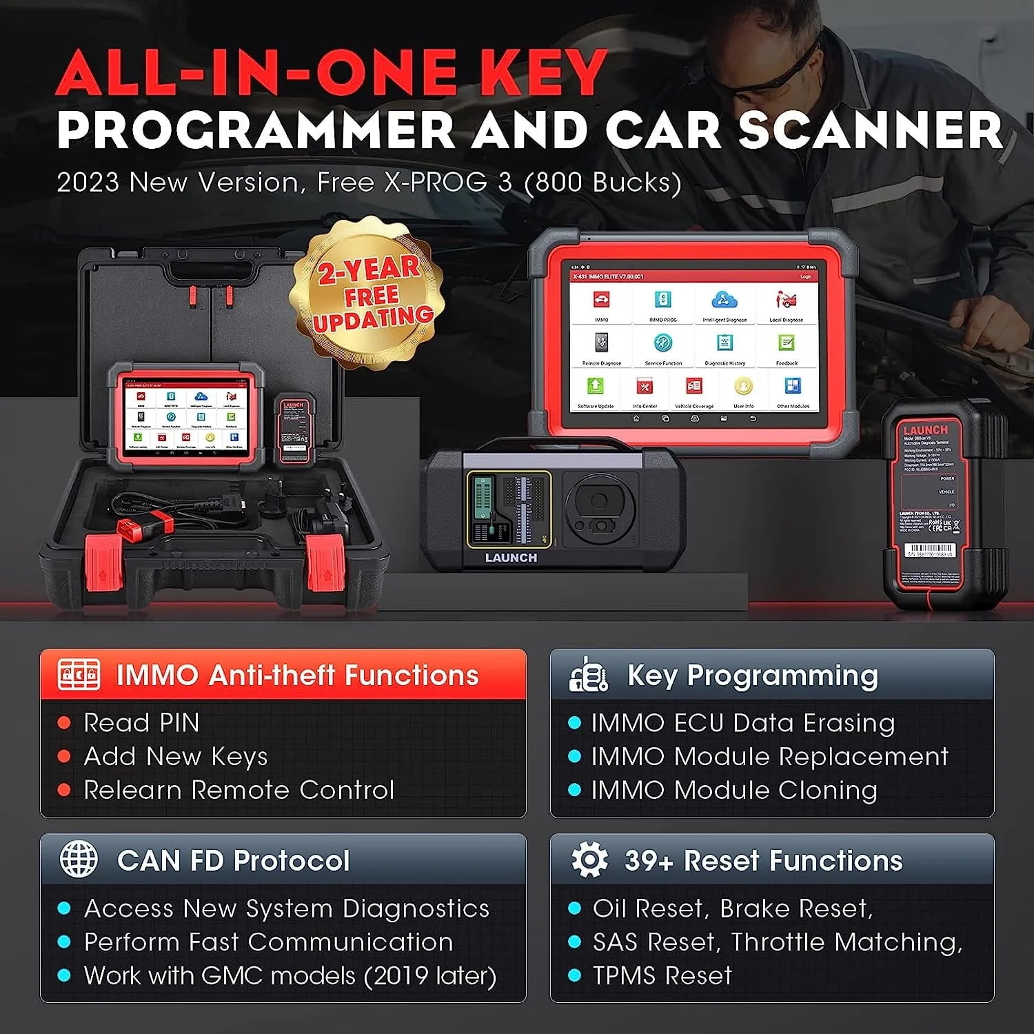 LAUNCH X431 IMMO Elite Key Programming Car Diagnostic Scan Tool with X-PROG3 Key Programmer, ECU Clone/match, CANFD&DOIP, 39+ Services  2 Years Free Update