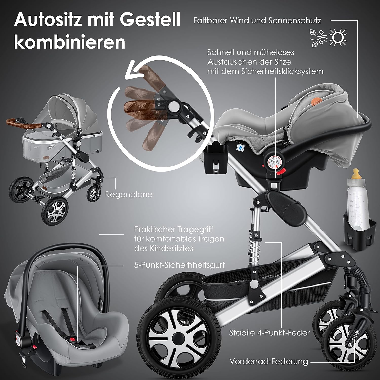 KESSER® Loops 3 in 1 Kinderwagen Kombikinderwagen Komplett-Set inkl. Babywanne & Buggy Sportsitz & Auto-Babyschale Voll-Gummireifen Wickeltasche Regenschutz Kindertisch ECE R129, Grau/Silber