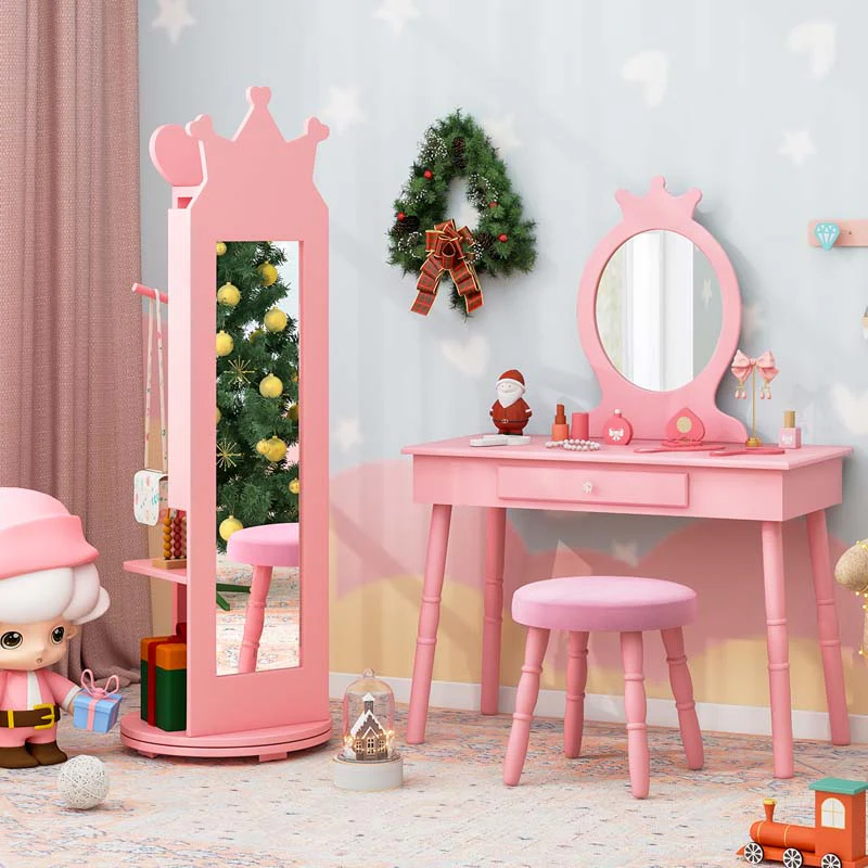 Kids Princess Vanity Table Stool and 360�� swivel Free-standing Jewelry Cabinet with Full-length Mirror and Drawer