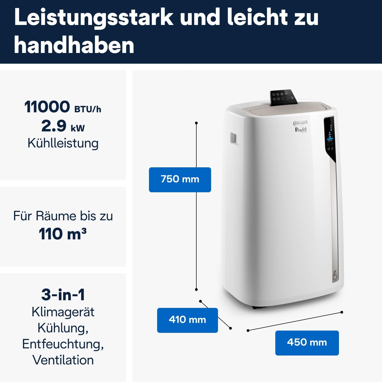 De'Longhi Pinguino PAC EL112 CST WiFi, Mobile Klimaanlage mit MyEcoRealFeel-Technologie für Räume bis zu 110 m³,11.000 BTU/h, 2,9 kW, 63 dB, Entfeuchtungsfunktion, A+, App- und Sprachsteuerung, Weiß