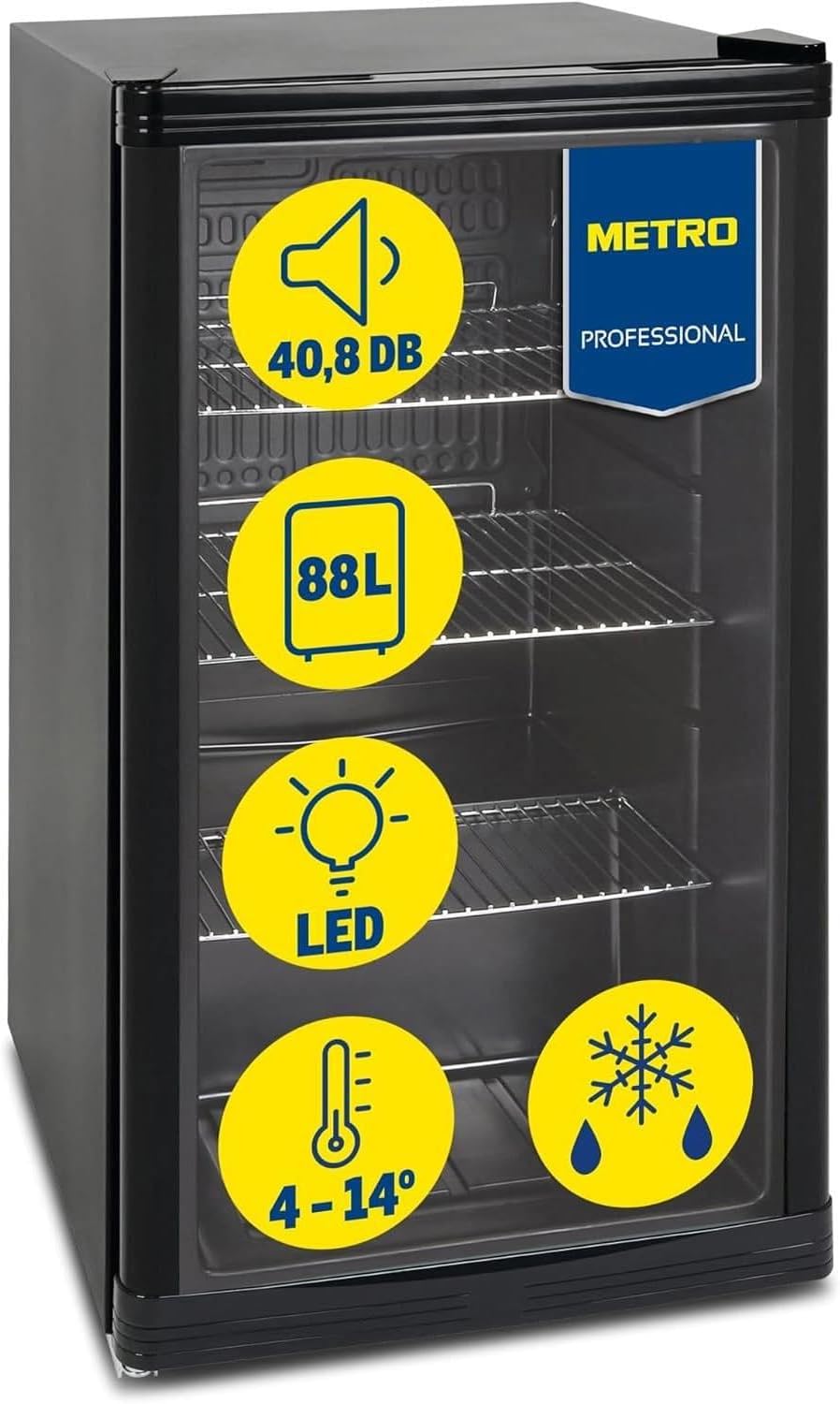 METRO Professional GPC 1088 Mini Fridge with Glass Door, 88 L, Black, 1052 kWh/24h, with Adjustable Shelf for Gastronomy, Restaurant, Shops