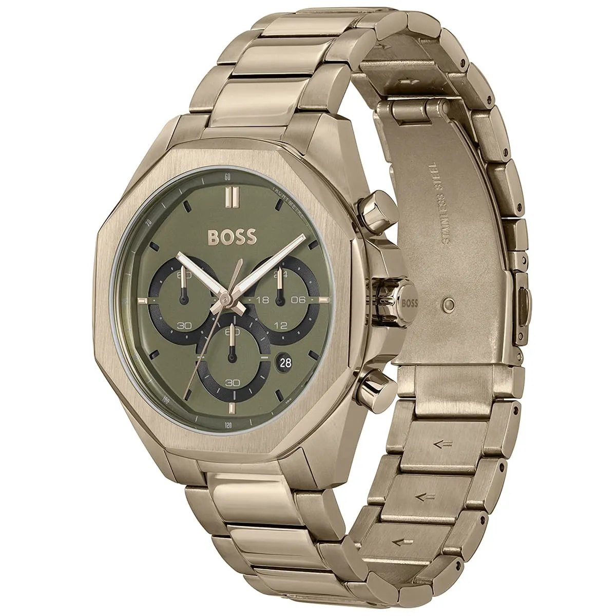 Hugo Boss Classic Chronograph Olive Green Dial Beige Gold Steel Strap Watch For Men - 1514019
