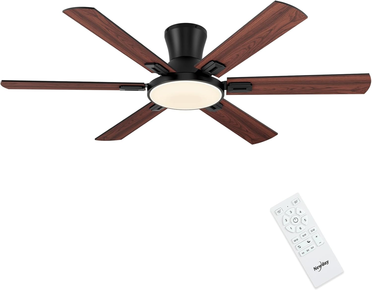 Newday Deckenventilatoren Flach Holz mit 6 Flügel, 132cm Groß Deckenventilator mit Beleuchtung und Fernbedienung Leise, Dimmbar, Speicher, Schlafmodus, Timer Motor DC Reversibel für Schlafzimmer