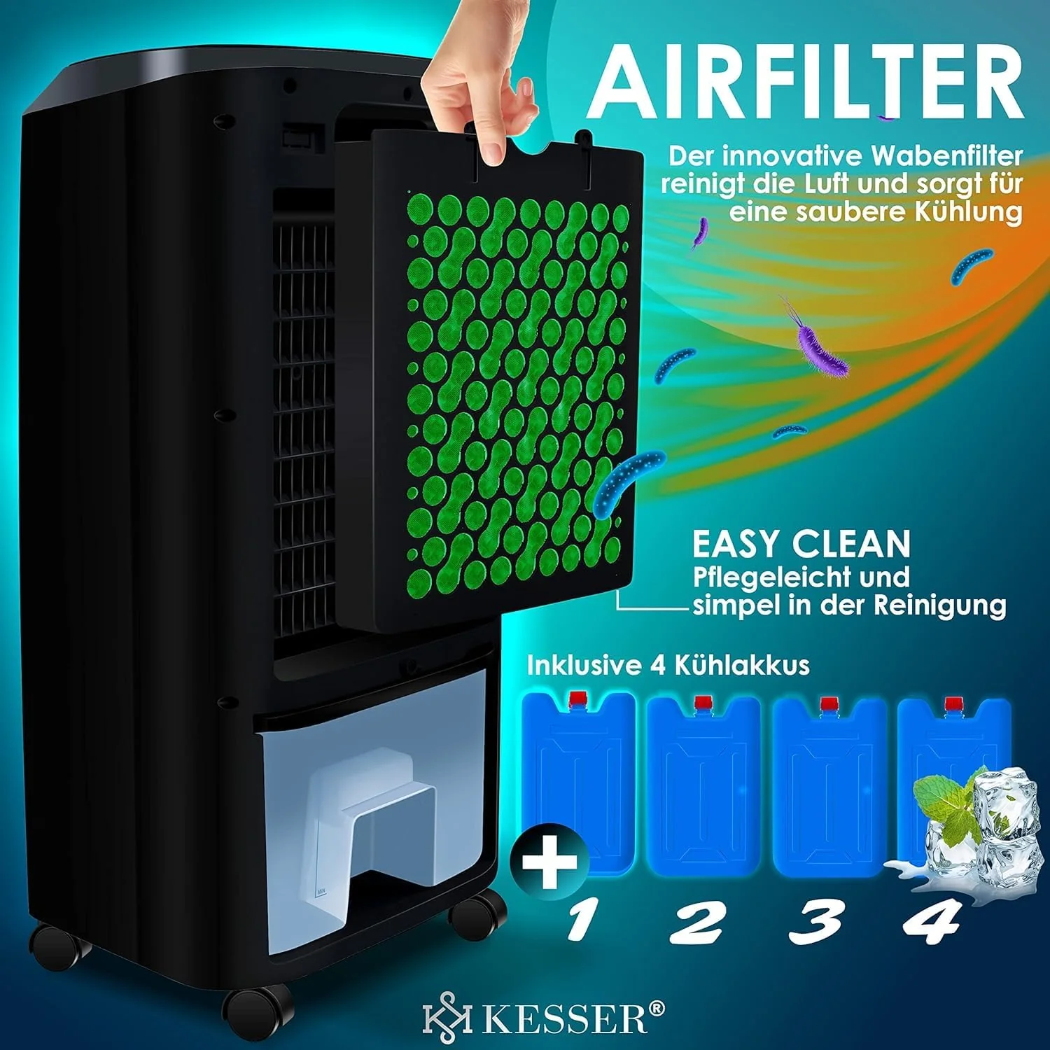 KESSER 4-in-1 Mobiele Airco | Afstandsbediening | Klimaatregelaar | Ventilator Airconditioning | Timer | 3 Niveaus | Ionisator Luchtbevochtiger | Luchtkoeler |