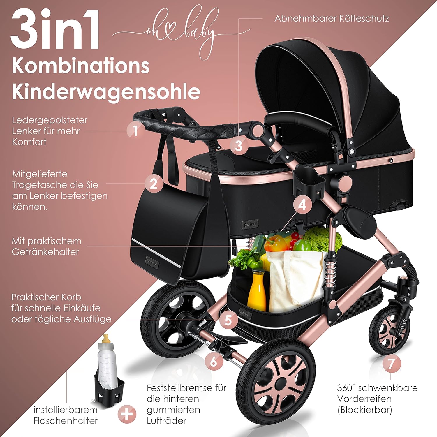 KESSER® Loops 3 in 1 Kinderwagen Kombikinderwagen Komplett-Set inkl. Babywanne & Buggy Sportsitz & Auto-Babyschale Voll-Gummireifen Wickeltasche Regenschutz Kindertisch ECE R129, Grau/Silber