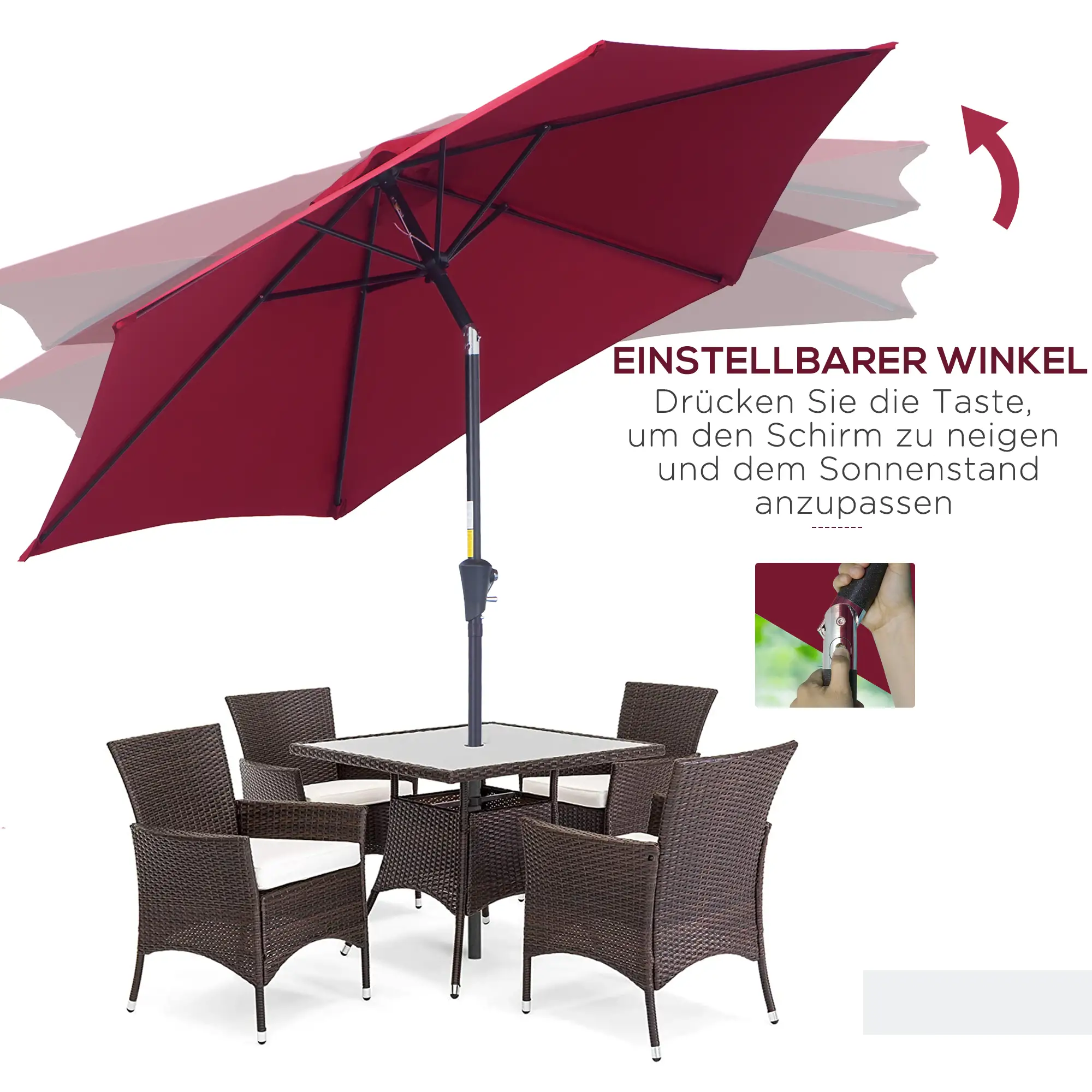 Outsunny Sonnenschirm Kippfunktion Handkurbel Aluminium Rot