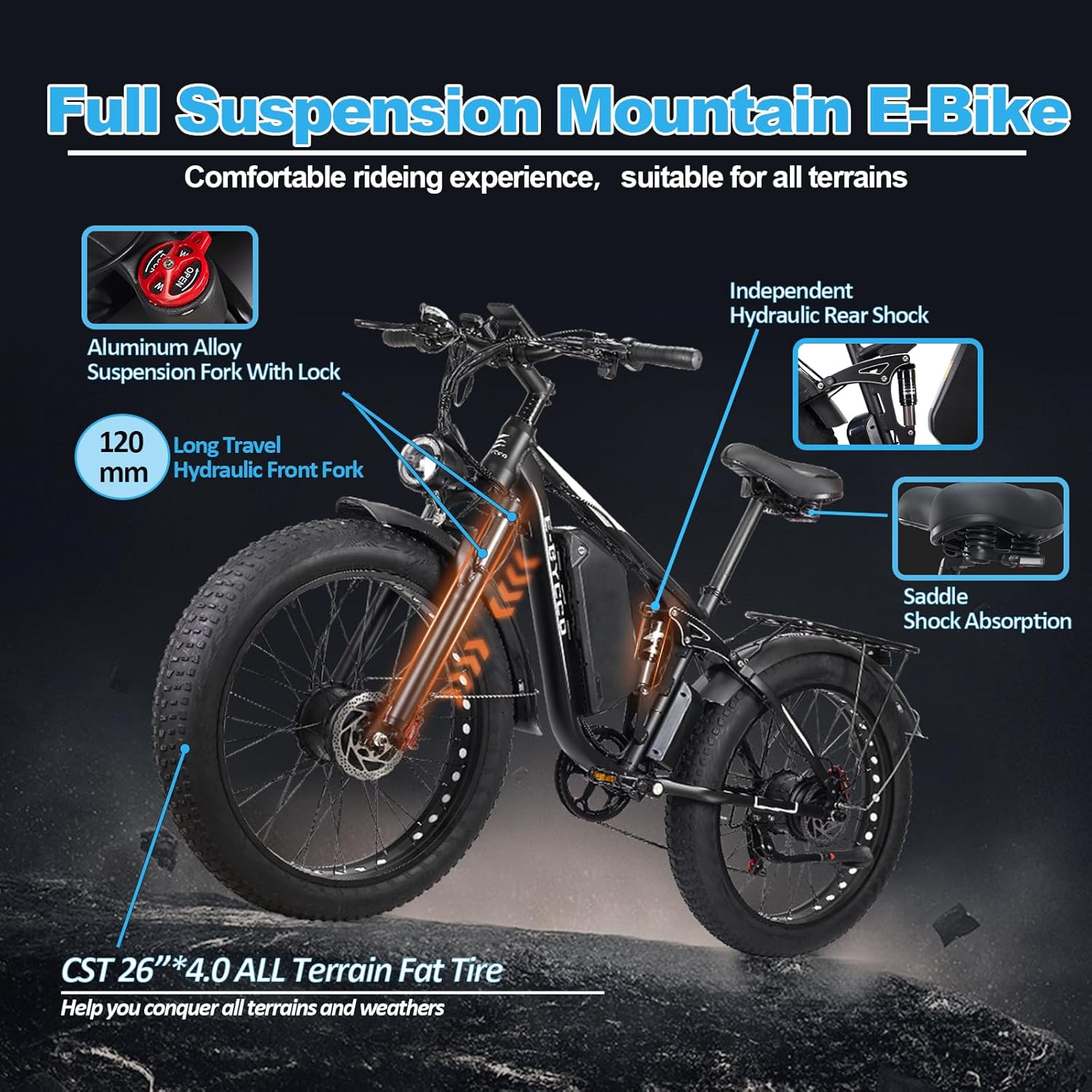 E·Bycco Dual Motors 2000W Peak 3000W Electric Bike for Adults, 37MPH 52V 23Ah Battery Bicycle, Full Suspension 26*4.0 Fat Tire Hydraulic Disc Brake E-Bike, Off-Road Mountain Hunting E-Bikes for Men