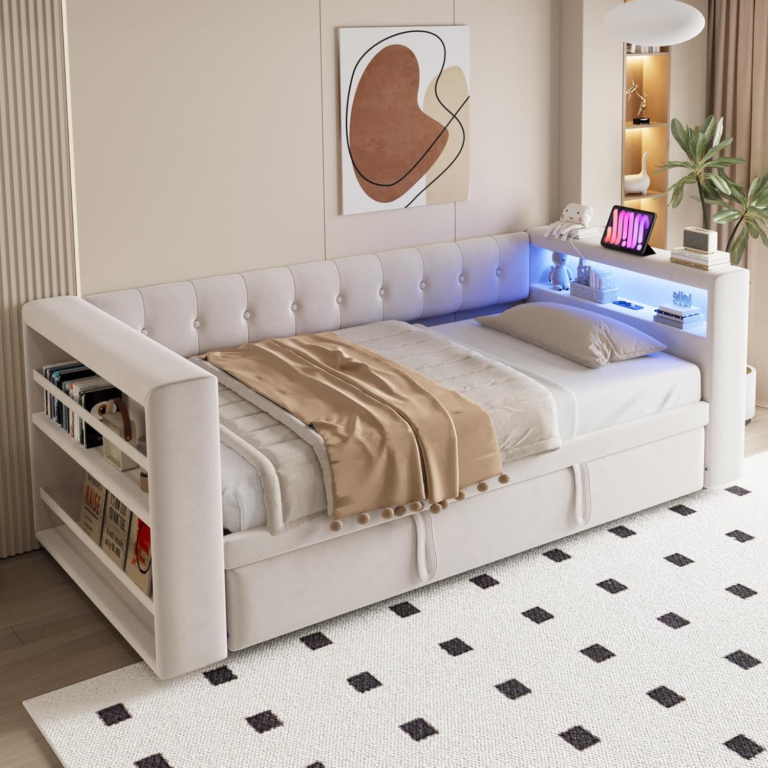 Cama tapizada 90/180 × 190 cm, con iluminación LED, enchufes y mucho espacio de almacenamiento; cama tapizada, cama individual, sofá cama multifuncional, color beige
