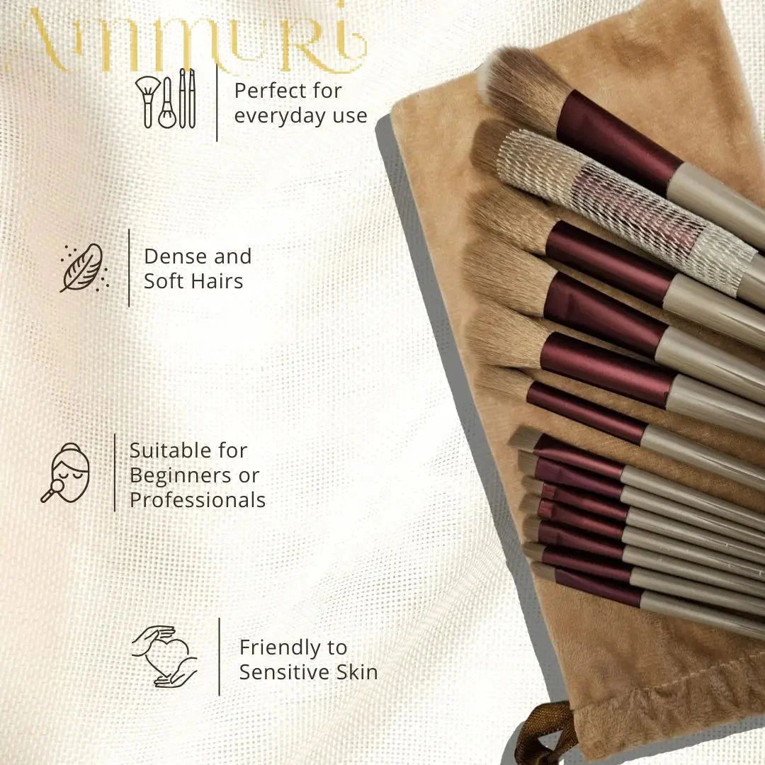 Ammuri 13-Piece Professional Vegan Makeup Brushes Set with Travel Pouch