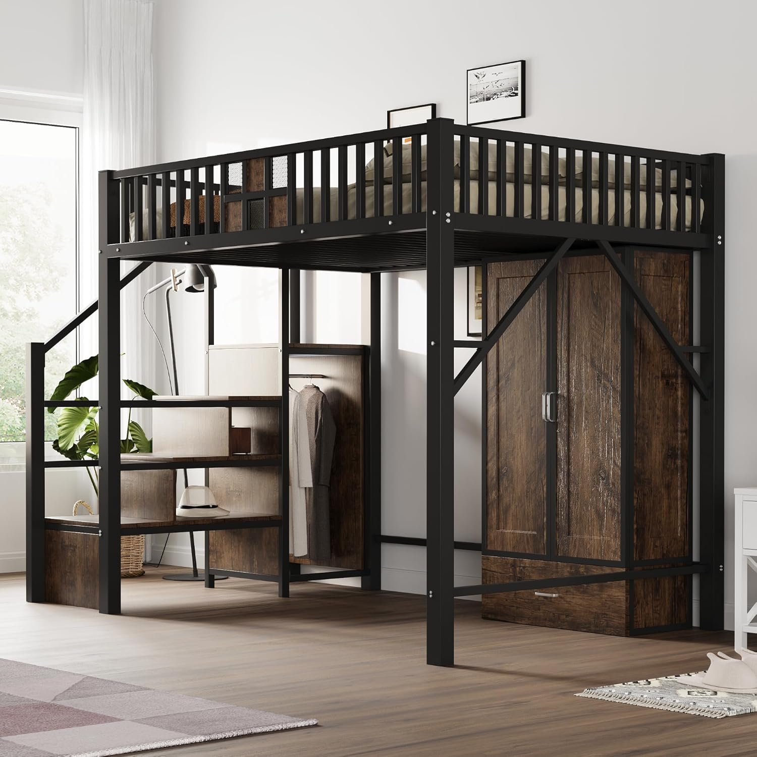 Merax Hochbett aus Metall, 140 x 200 cm, mit Drahtgitter, integriertem Schrank, Schubladen und Aufbewahrungsleiter, platzsparendes Kinderbett, modern und robust, schwarz (ohne Matratze)