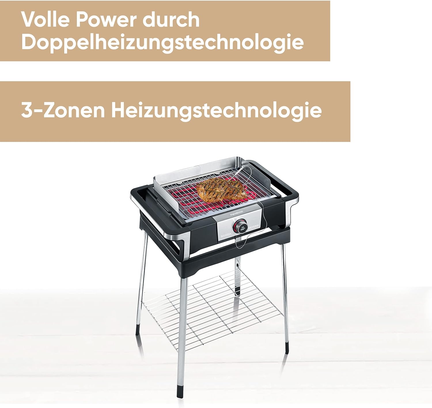SEVERIN SENOA DigitalBOOST S Elektrogrill mit Untergestell, Standgrill mit schnellem Grillstart bis 500 °C, Balkon Grill mit SafeTouch-Oberfläche, Edelstahl/Schwarz, PG 8118