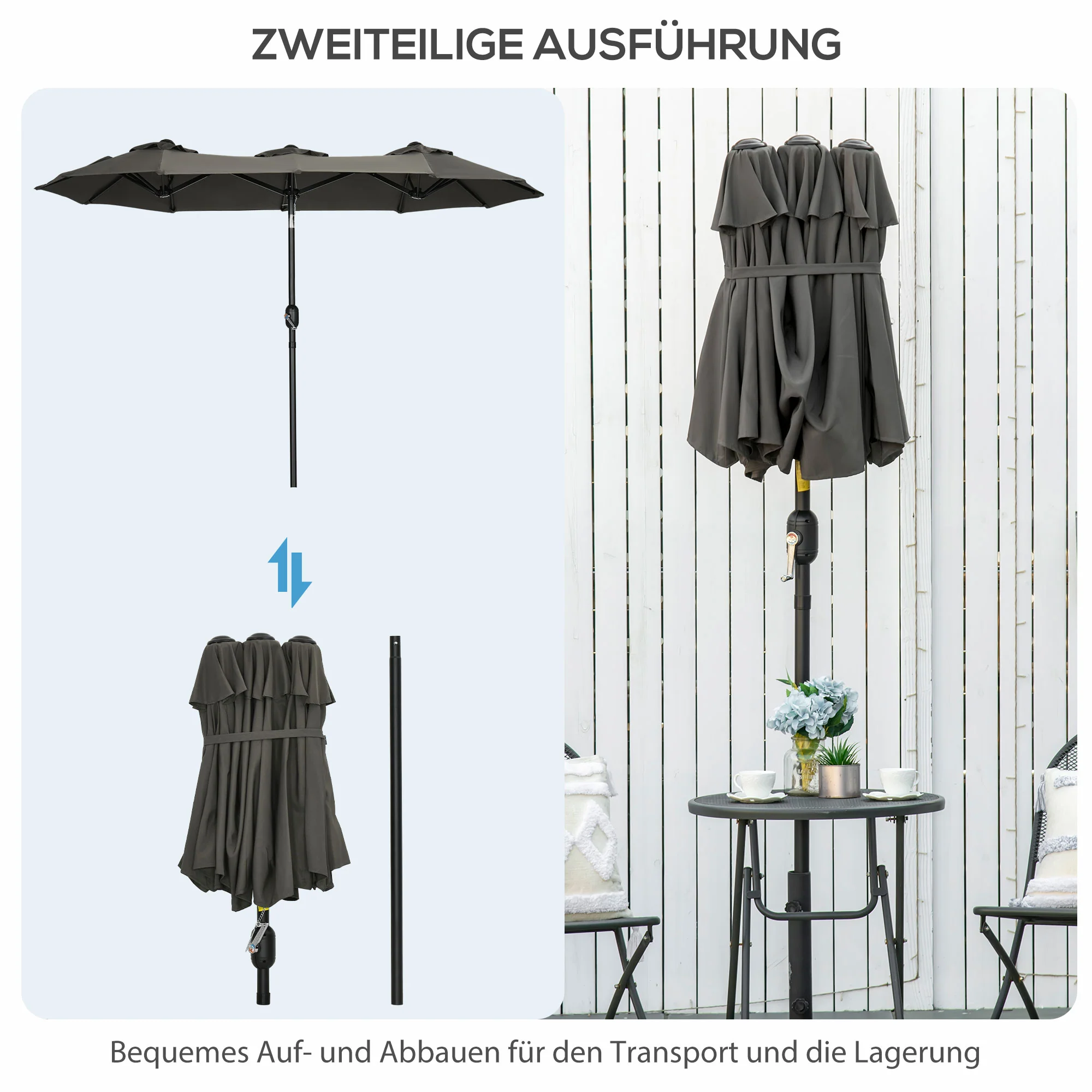 Outsunny parasol, tuinparasol, kantelbaar, met handslinger, winddak, polyester+staal, grijs, 285 x 147 cm