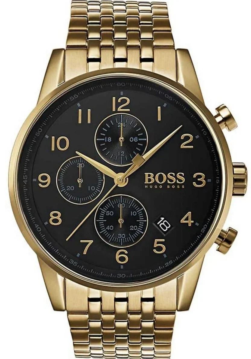 Hugo Boss Navigator Chronograph Black Dial Gold Steel Strap Watch - 1513531