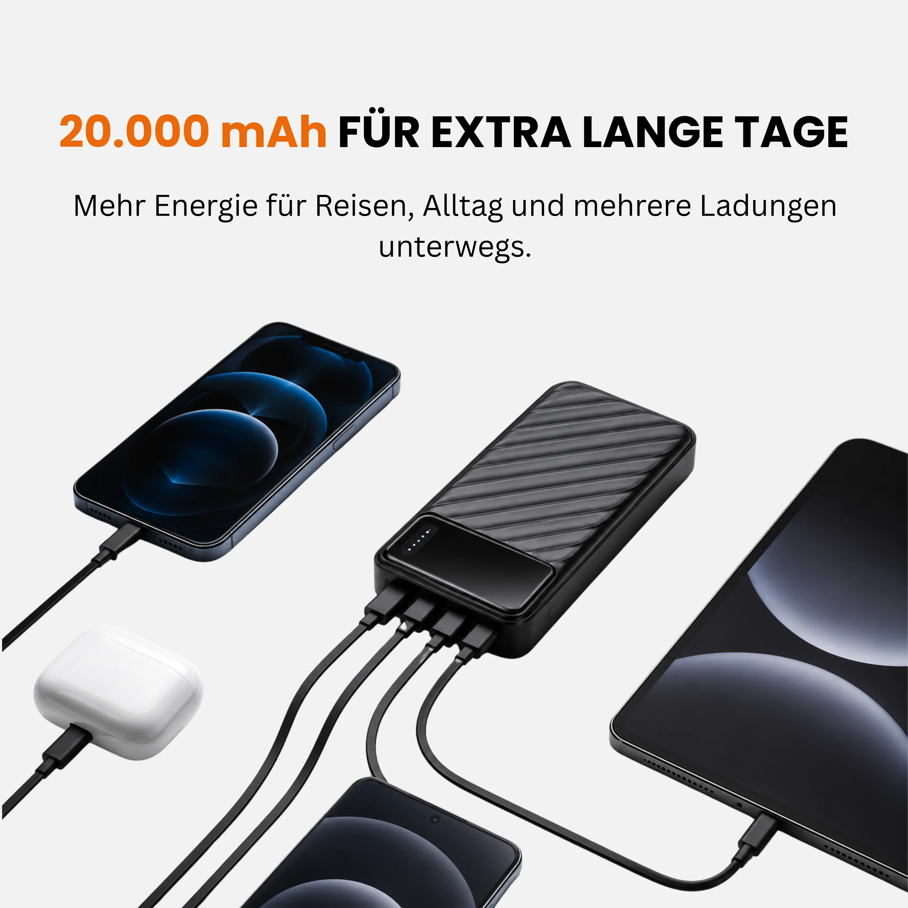 Powerbank 20.000 mAh mit integriertem USB-C-, USB-A & Lightning-Kabel Externer Akku mit Schnellladefunktion