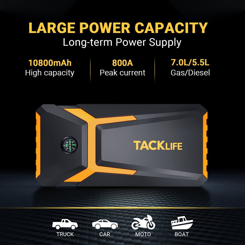 TACKLIFE T8 Car Jump Starter 800A 18000mAh, for 7.0L Gas & 5.5L Diesel Engines, 12V Battery Booster with Quick Charge & Safety Features