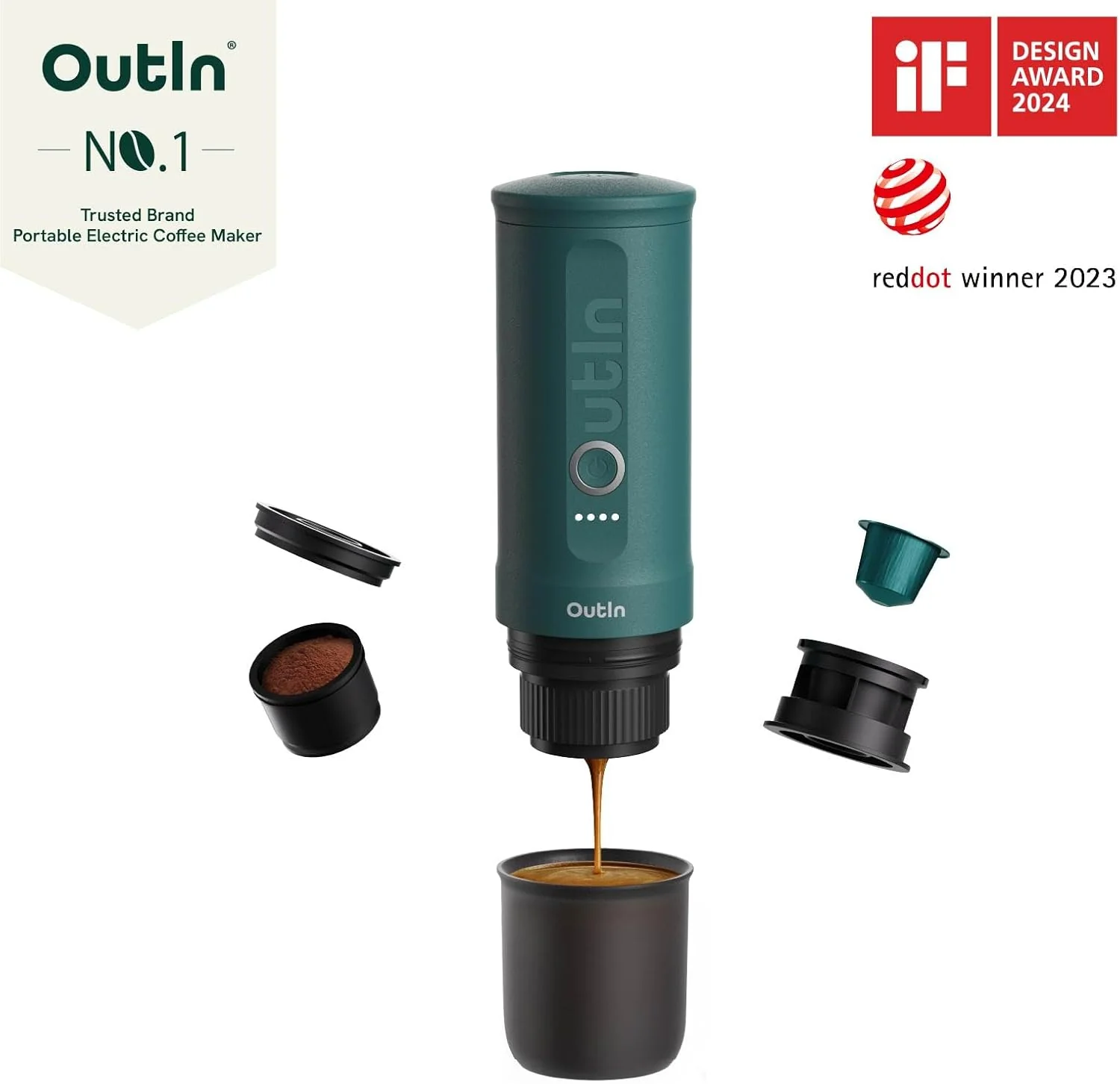 OutIn Nano Draagbare Espressomachine met Batterij, voor onderweg of camping, Koffiezetapparaat to go, met elektrische zelfverwarming via USB - C, 2 in 1 voor gemalen koffie en NS - capsules