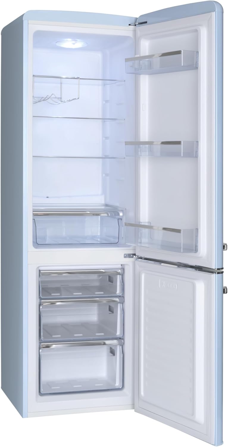 Amica KGCR 387 100 L Retro Kühl-/Gefrierkombination / Baby Blue (Hellblau) / 181cm (H) x 55cm (B) x 62cm (T) / Retro-Design / Kühlschrank mit Gefrierfach