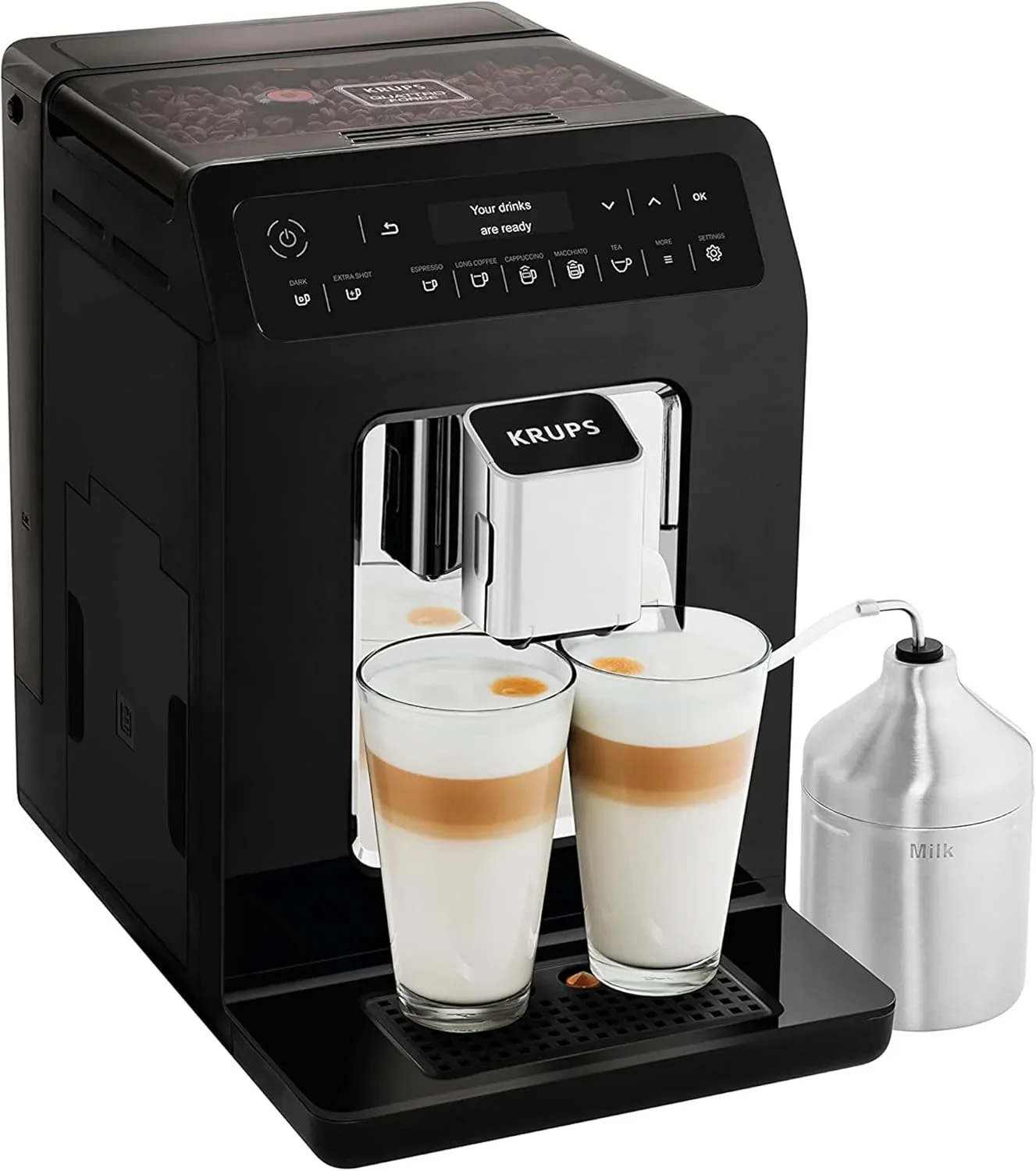 2025 Cafetera automática Krups Evidence | Pantalla OLED con tecnología Barista Quattro Force | 12 tipos de café | 3 variedades de té | capuchino con un solo toque | función para 2 tazas | color negro