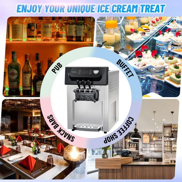 2200W Commercial Ice Cream Machine, 3 Flavor Soft Serve Ice Cream Machine, 5.3-7.4 Gal/Hr, with LCD Touch Screen, Automatic Cleaning, High Productivity for Home Snack Bar & Restaurants