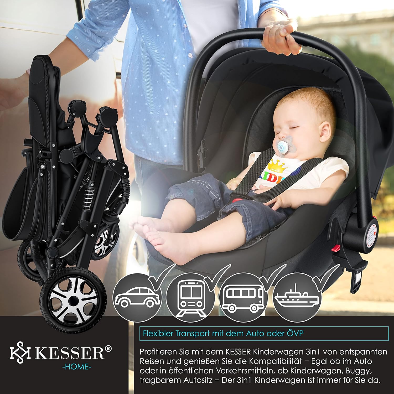 KESSER® Loops 3 in 1 Kinderwagen Kombikinderwagen Komplett-Set inkl. Babywanne & Buggy Sportsitz & Auto-Babyschale Voll-Gummireifen Wickeltasche Regenschutz Kindertisch ECE R129, Grau/Silber