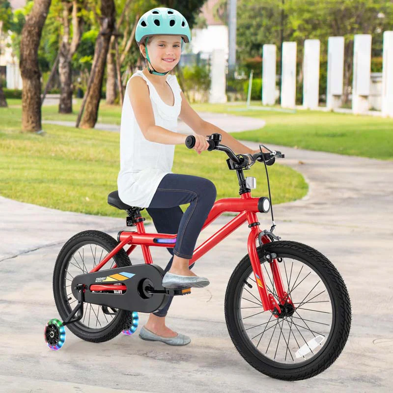 16/18 Inch LED Lighted Kids Bike with Training Wheels, Headlight, Adjustable Seat & Dual Brakes, Children Bicycle for Ages 4-8 Years