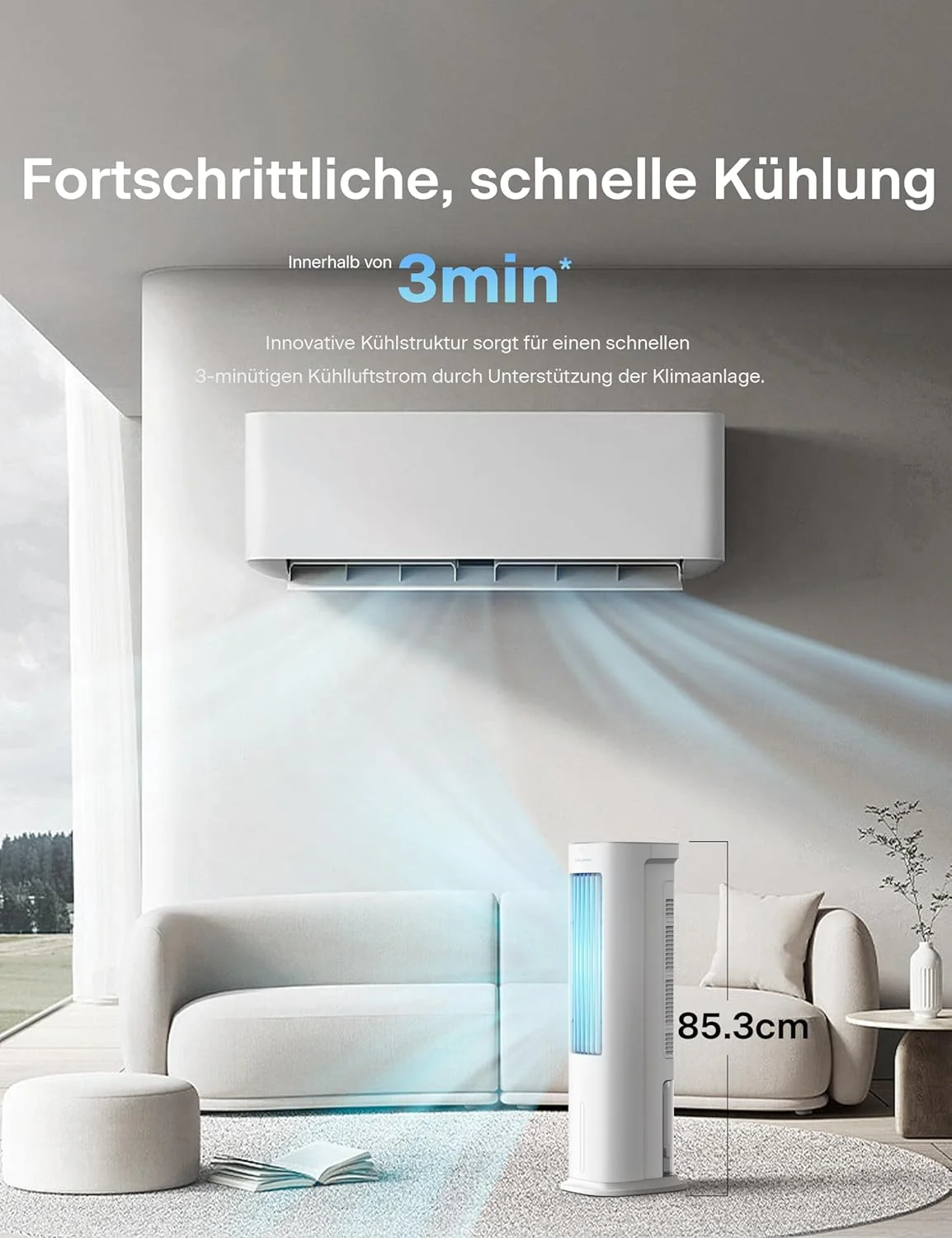 PELONIS Luchtkoeler met waterkoeling, Mobiele airconditioning, 5L Ventilator met waterkoeling, Luchtbevochtiger met afstandsbediening, 355m3/u Airconditioner zonder afvoerslang