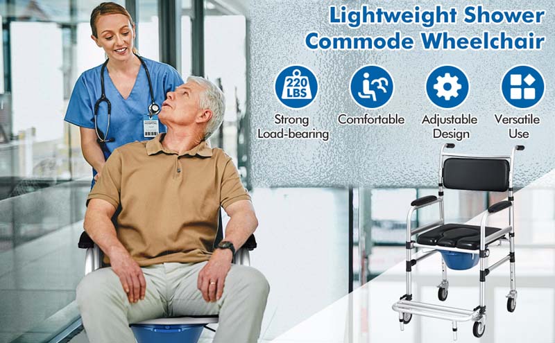 Eletriclife 2-in-1 Aluminum Commode Shower Wheelchair with Locking Casters