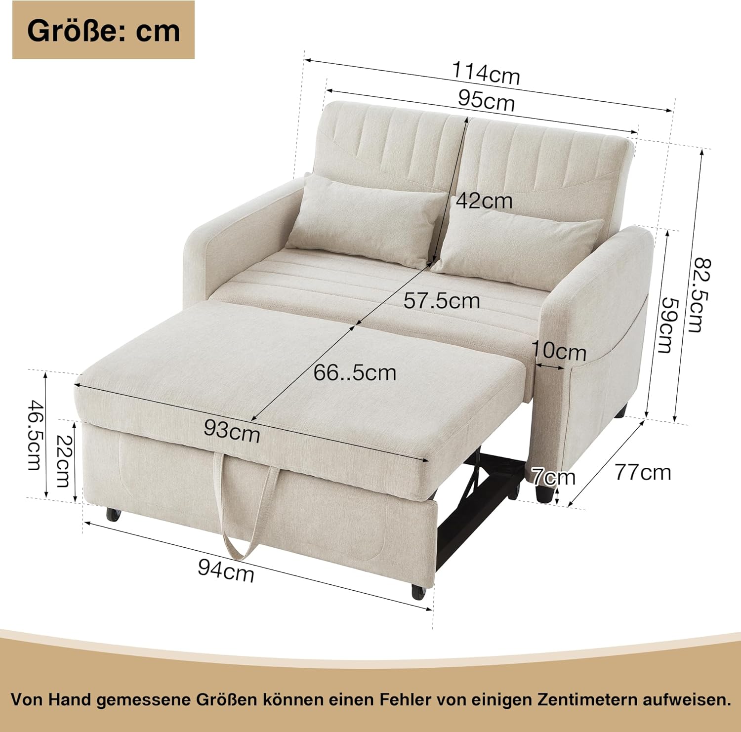 Divano a due posti con funzione letto, divano pieghevole con schienale regolabile, divano letto estraibile, divano letto con contenitore, piccoli divani per piccoli spazi, 114 x 77 cm, beige