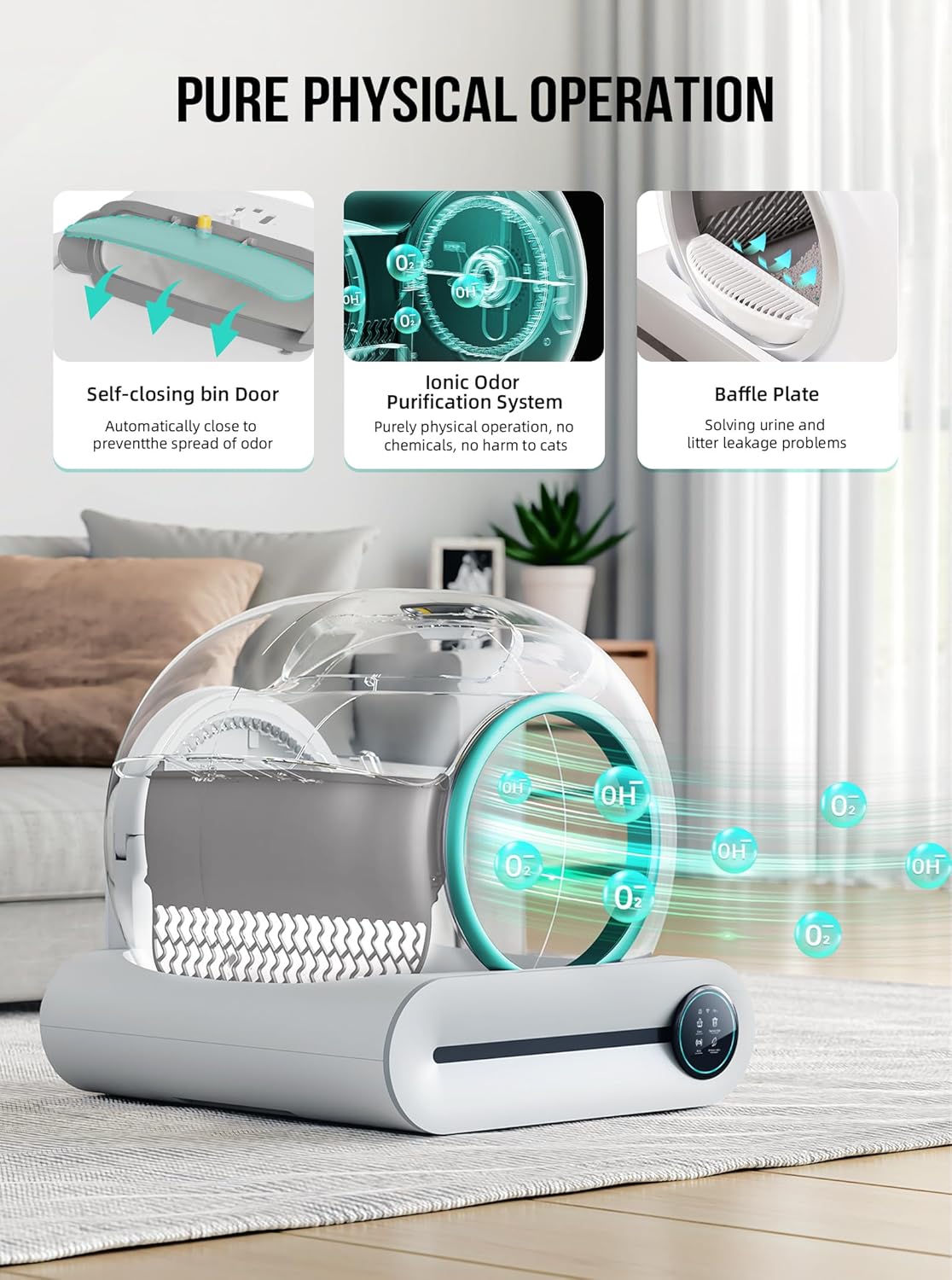 Selbstreinigende Katzentoilette, Automatische Katzentoilette mit Matte und Einlagen, 65 l + 9 l große Kapazität, Selbstreinigende Katzentoilette, App-Steuerung/Geeignet für mehrere Katzen – Grau