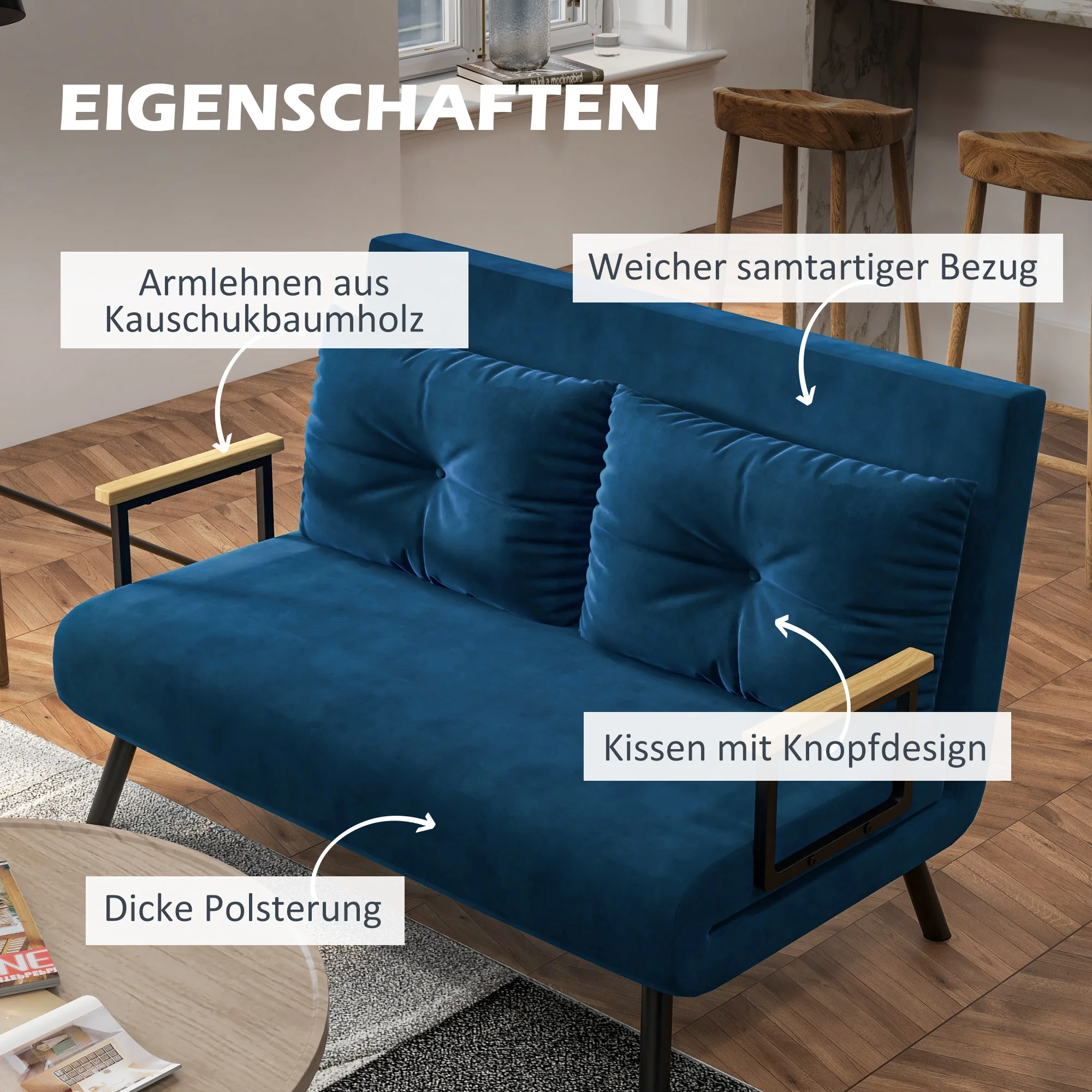 HOMCOM Slaapbank 2-zitsbank Fluweelbank, Slaapfunctie, incl. 2 Kussens, Fluweel Optiek, Natuur + Blauw