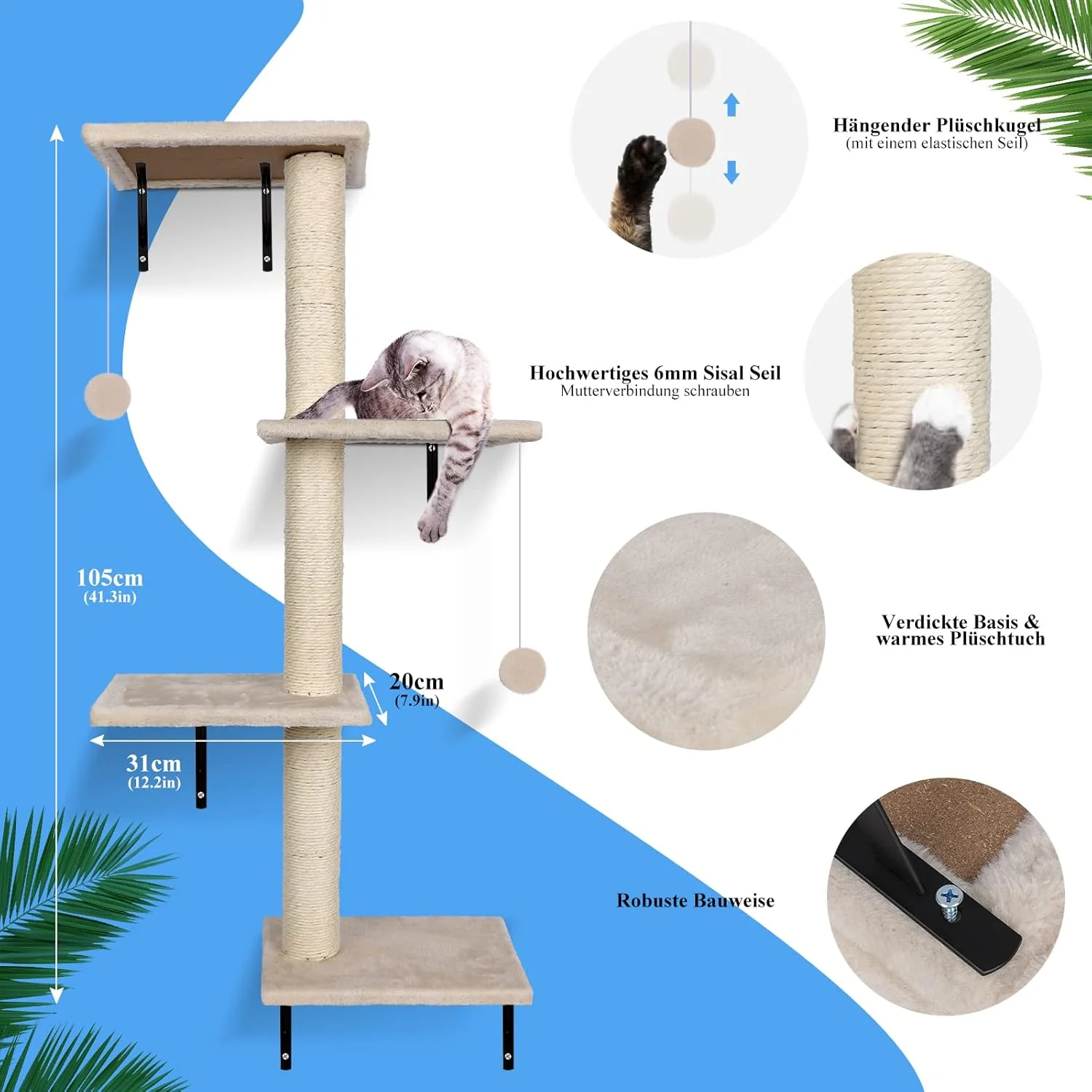 Zvonema Parete da arrampicata 10 pezzi-Amaca per gatti,Ponte sospeso con sisal antiscivolo,Tiragraffi con sisal,Riposo e mensola da parete da gioco con pallina,Parete da arrampicata per gatti fino a 10 kg