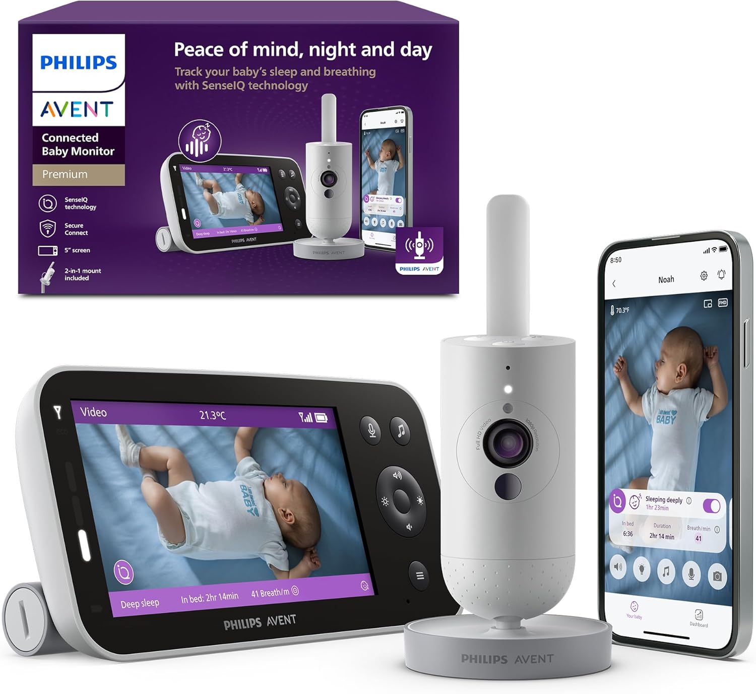 PHILIPS Avent Connected Videophone mit WLAN, hochwertiger HD-Kamera, Infrarot-Nachtsichtfunktion, Schrei-Erkennung, Gegensprechfunktion, 12 Stunden Bildschirmlaufzeit im Eco-Modus, Modell SCD951/26