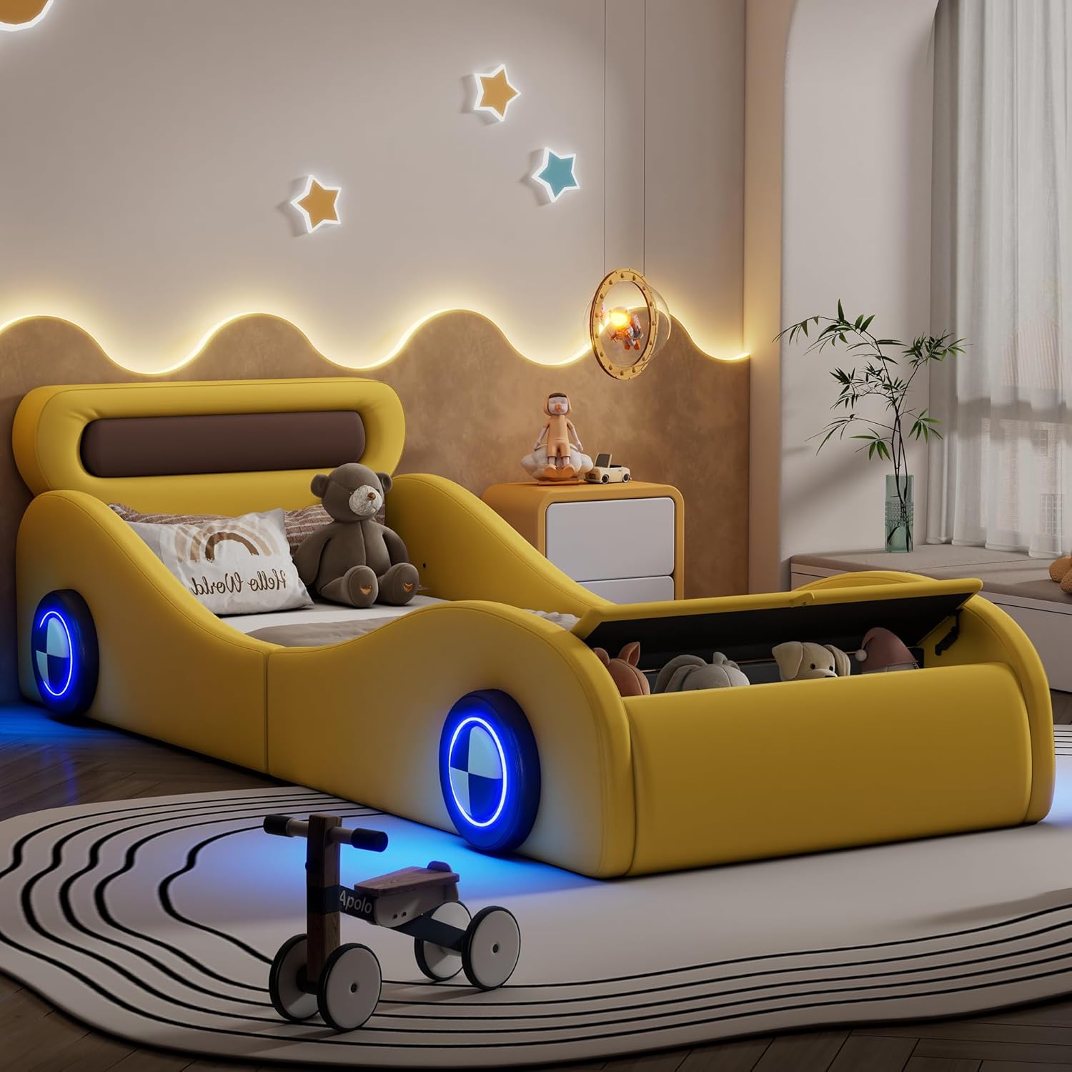 Autobett Kinderbett Jugendbett 90x200, Polsterbett Einzelbett mit leuchtenden Rädern&Stauraum, Aufregendes Auto Kinderbett für kleine Rennfahrer, Kinder Spielbett mit Lattenrost, PU,Ohne Matratze,Gelb
