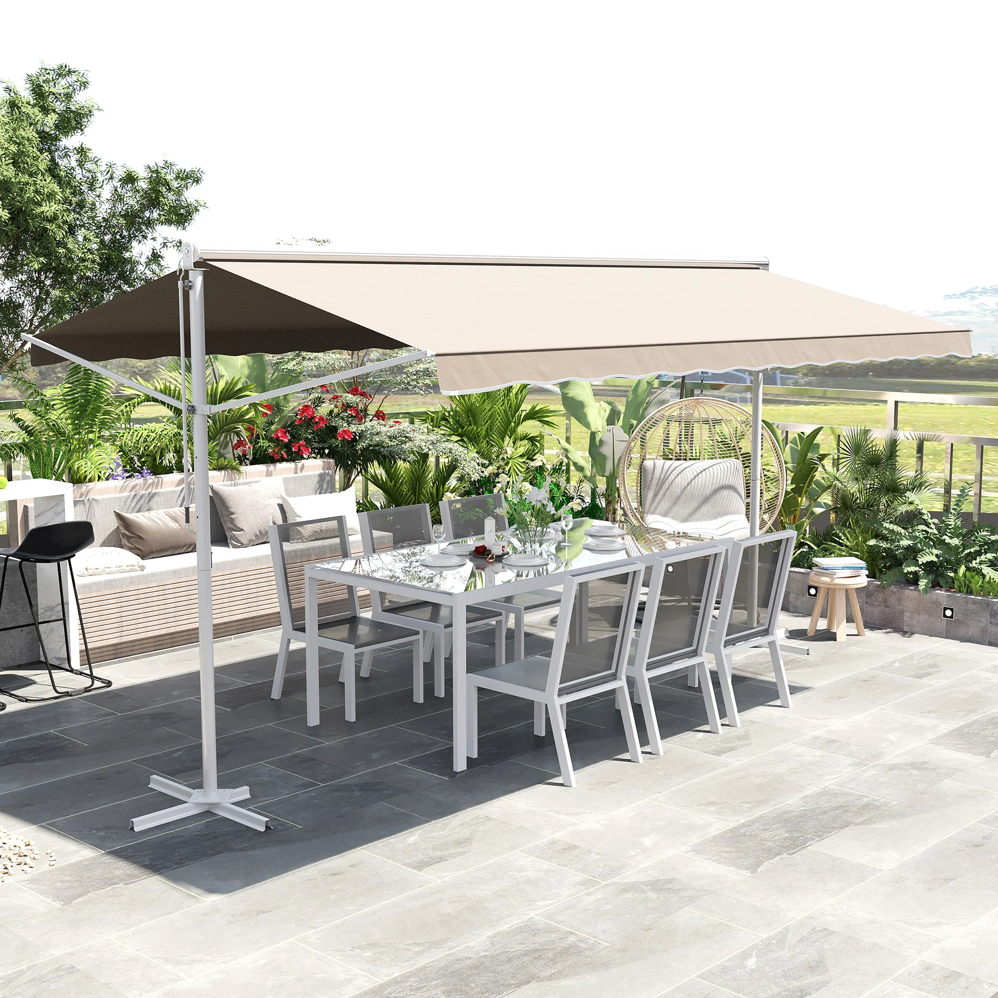 Outsunny Staande luifel met knikarm tuinluifel luifel zwengel crème 4,5 x 3,42 m