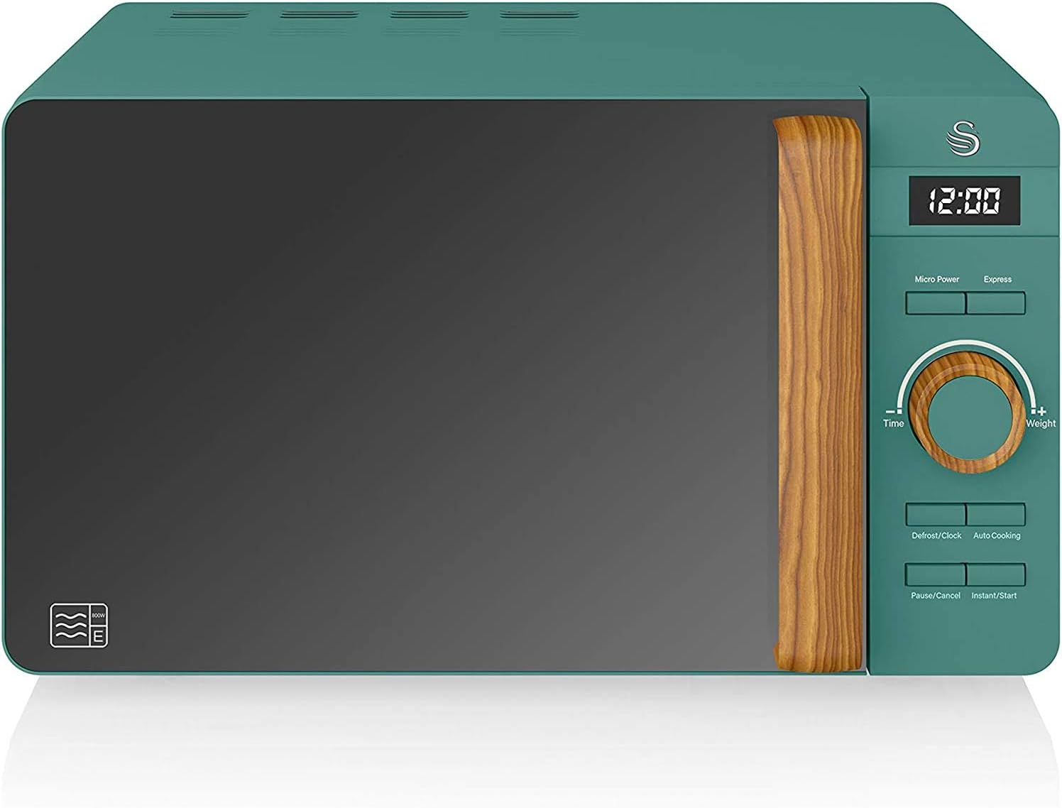 Swan Nordic 20 L digitaler Mikrowellenherd, 6 Leistungsstufen, 800 W Leistung, 30-Minuten-Timer, einfache Reinigung, Abtaumodus, modernes Design, Griff in Holzoptik, mattwei