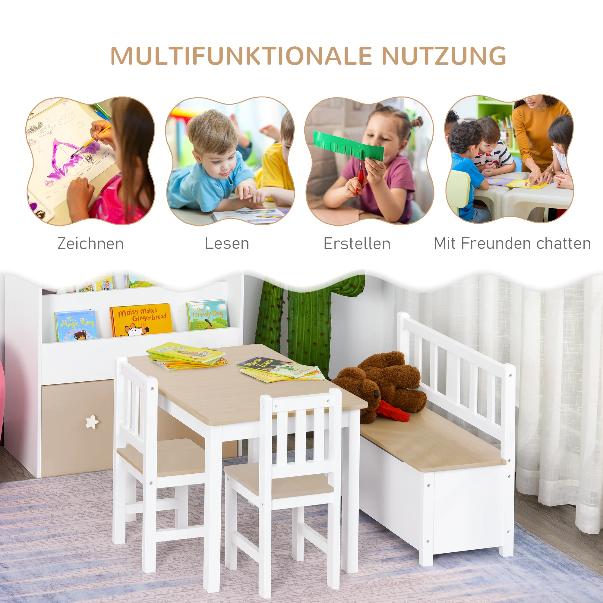 HOMCOM 4-delige kinderzitgroep kindertafel kinderstoel kinderbank kindermeubel naturel