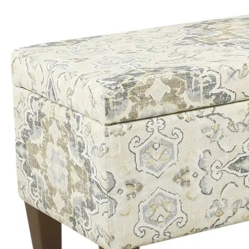 Large Brown and Cream Medallion Print Upholstered Wooden Bench with Hinged Storage