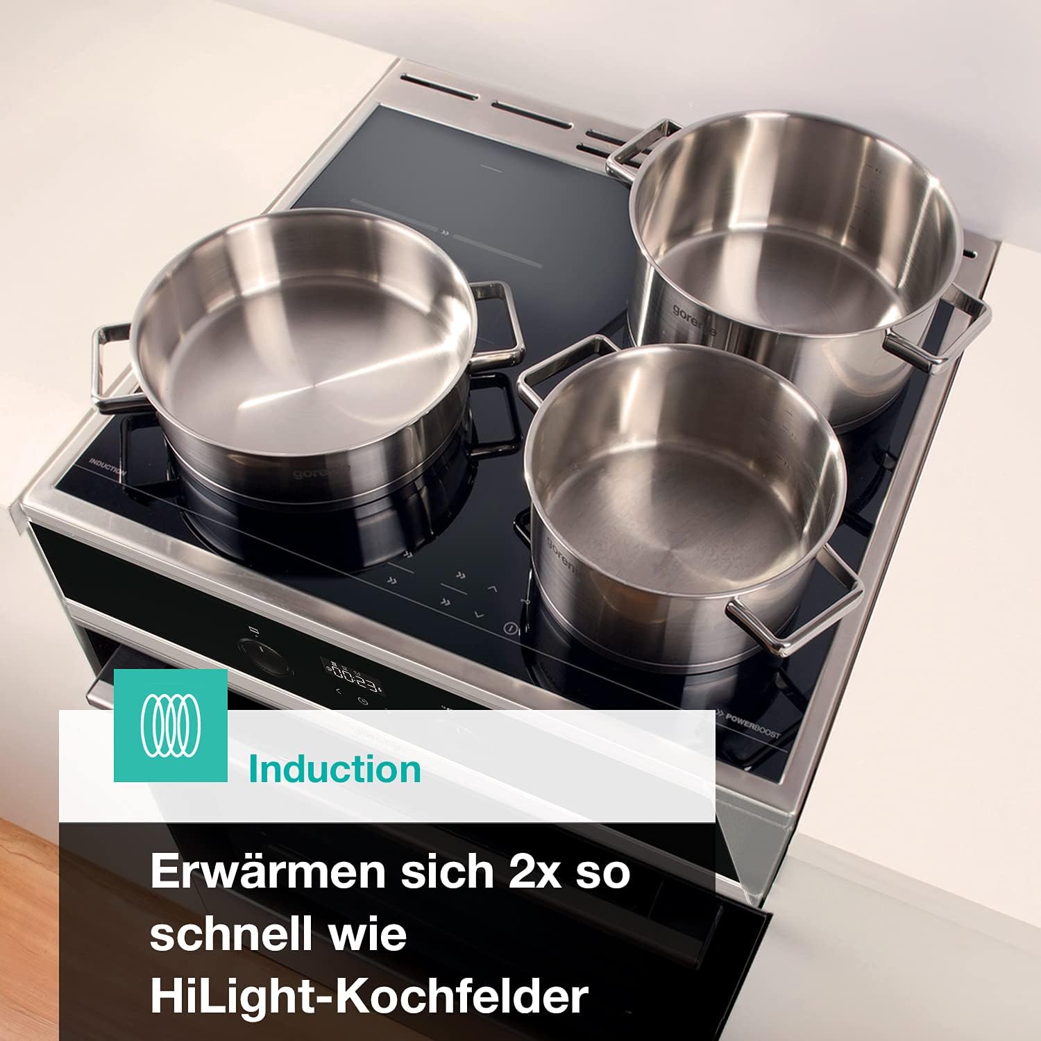 Gorenje GEIT5C61SPG Standherd mit Induktionskochfeld, 50 cm, 70 Liter,Silber, PerfectGrill, AirFry, FrozenBake, Pizza Mode 300°C, AquaClean, Made in Europe, inox