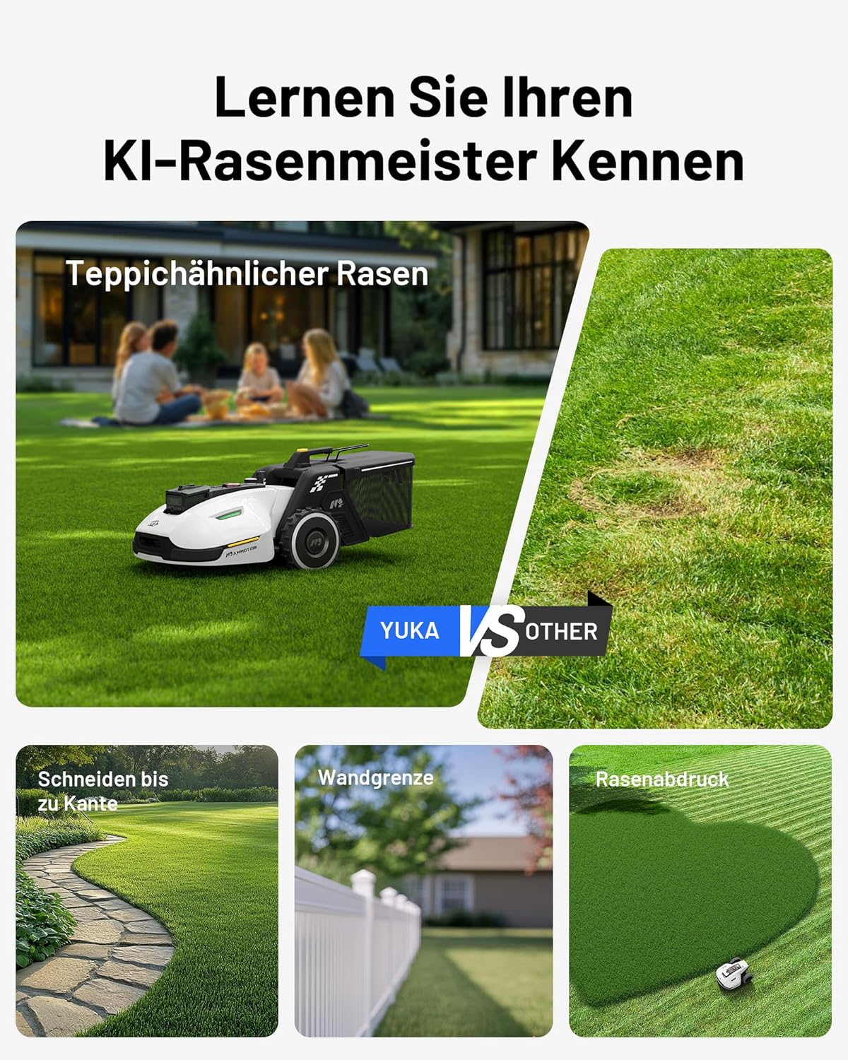MAMMOTION YUKA Mini 700 Mähroboter ohne Begrenzungskabel, NetRTK+Vision, Keine RTK-Antenne erforderlich, Auto-Kartierung, Empf. 700m², Max. 1100m², mit 4G-Modul, 50% Steigung