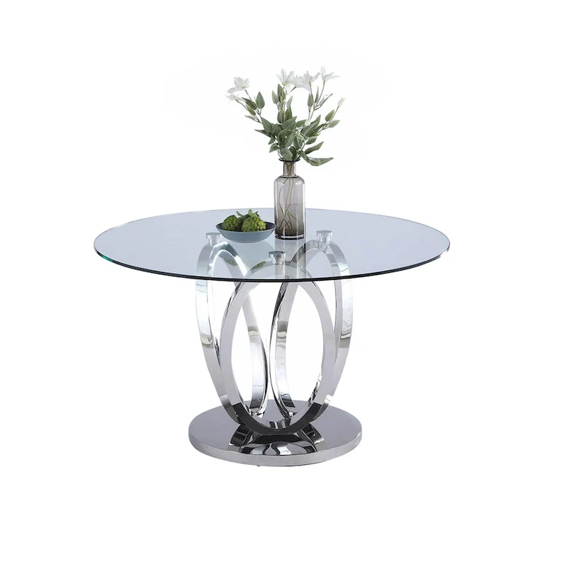 Round Dining Table with Glass Top and Steel Base