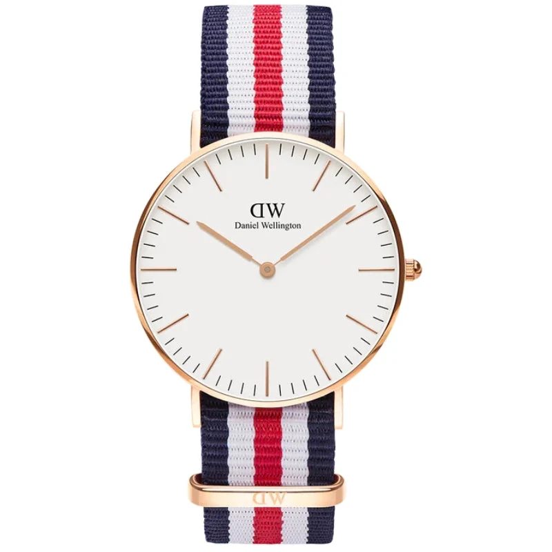 Daniel Wellington Canterbury 36mm White Dail Tricolour Nato Strap Gold Watch - DW00100030