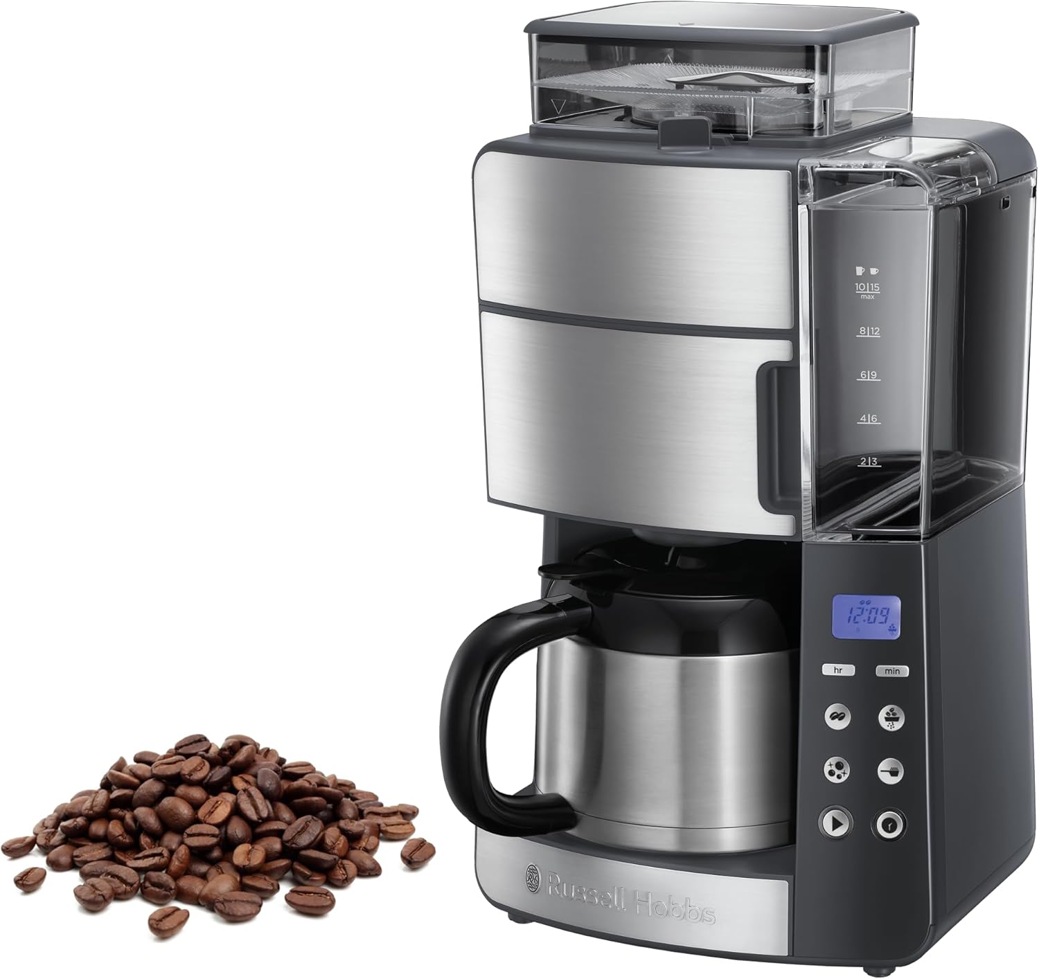Russell Hobbs Kaffeemaschine mit Mahlwerk Thermokanne [Digitaler Timer, Brausekopf für opt. Extraktion & Aroma] Grind&Brew (max 10 Tassen, 3-stufige Mahlgradeinstellung) Filterkaffeemaschine 25620-56