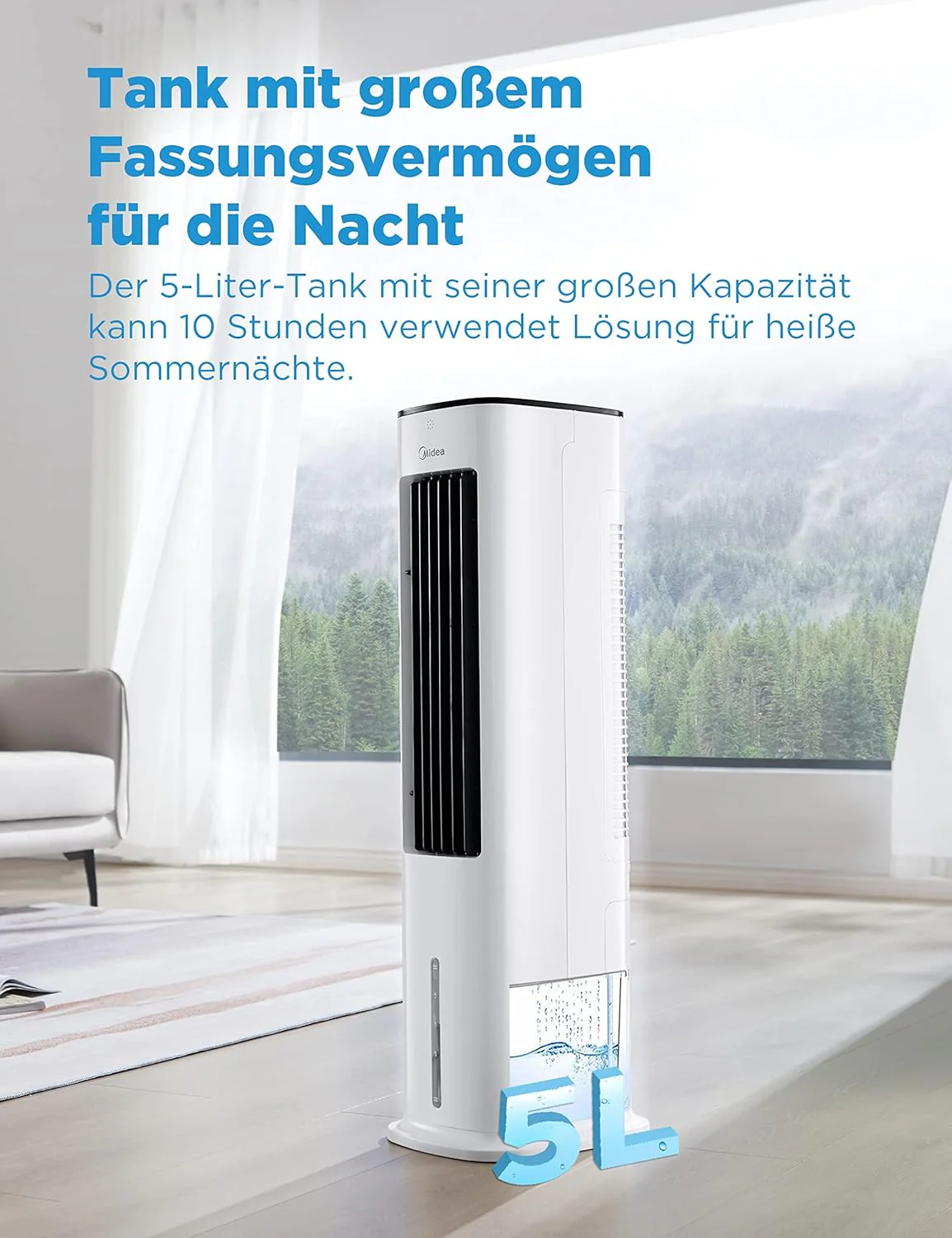Midea Luftkühler mit Wasserkühlung, Klimaanlage Mobil, Ventilator mit 5L Wasserkühlung, Luftbefeuchter und Ionisation, Klimaanlage Ohne Abluftschlauch, 355m/h, Ventilator mit Fernbedienung,55W,Wei