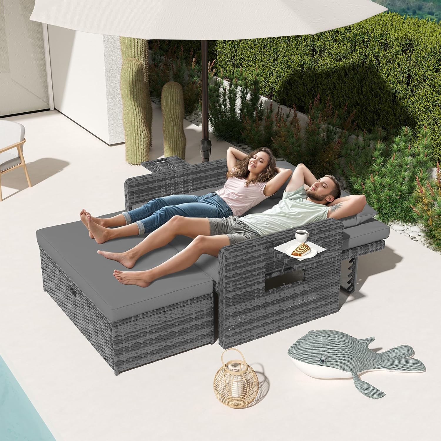 Amopatio Rattan Gartenlounge Outdoor Set, 2-Sitzer Gartensofa mit Verstellbarer Rückenlehne und Stauraum, Wetterfestes Lounge Möbel für Balkon und Terrasse, mit Hocker und Kissen, Grey